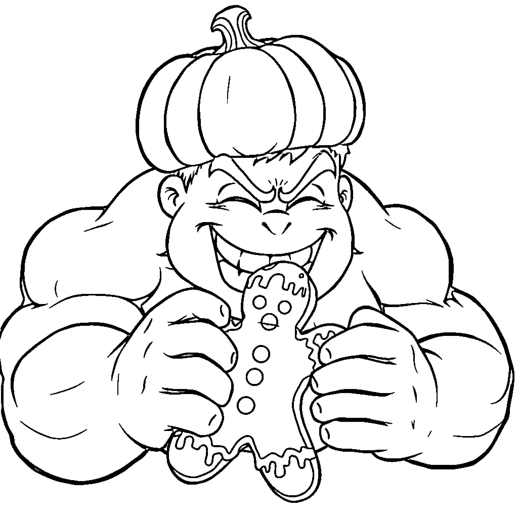 Hulk Smashing Gingerbread Man in Halloween Coloring Page (free black-and-white line drawing printable PDF for all, from beginners to advanced learners, including children, teens, adults, and seniors)