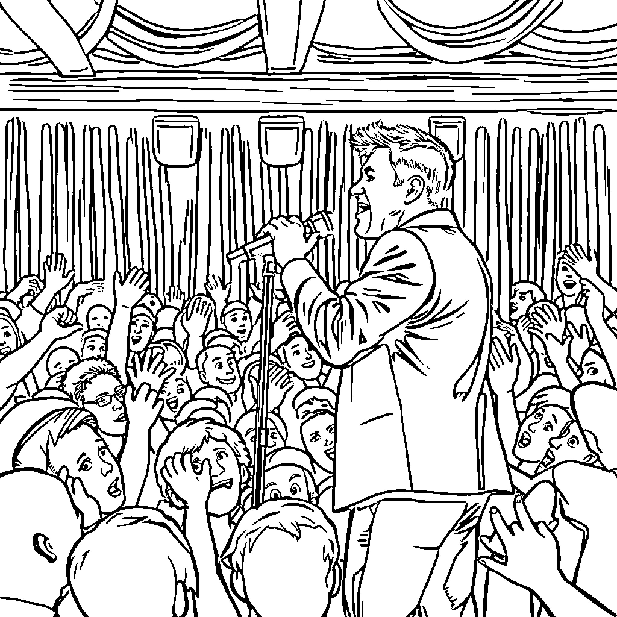 Benson Boon leads an enthusiastic crowd at a performance Coloring Page (free black-and-white line drawing printable PDF for all, from beginners to advanced learners, including children, teens, adults, and seniors)