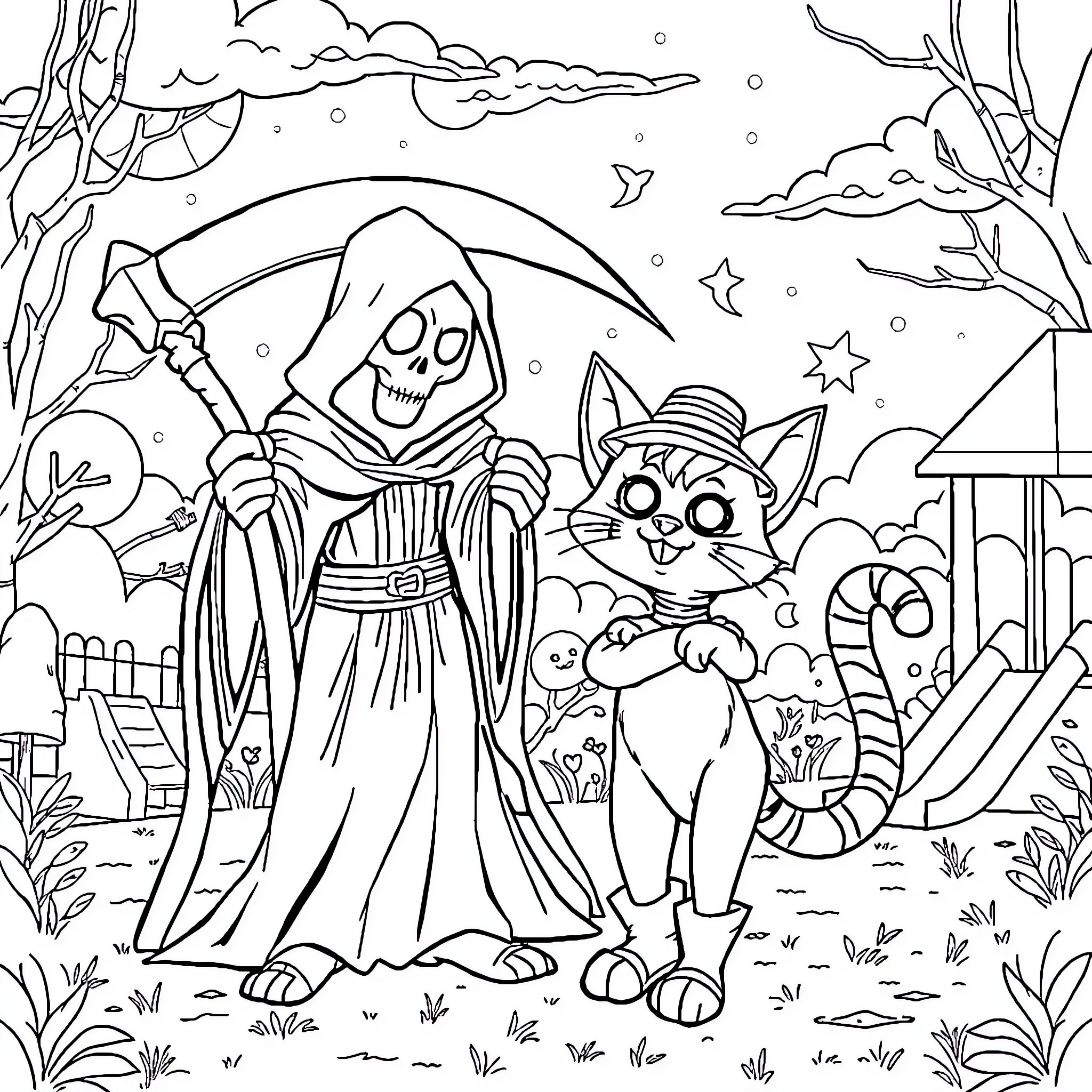 Grim Reaper and Mischievous Cat in Spooky Landscape Coloring Page (free black-and-white line drawing printable PDF for all, from beginners to advanced learners, including children, teens, adults, and seniors)