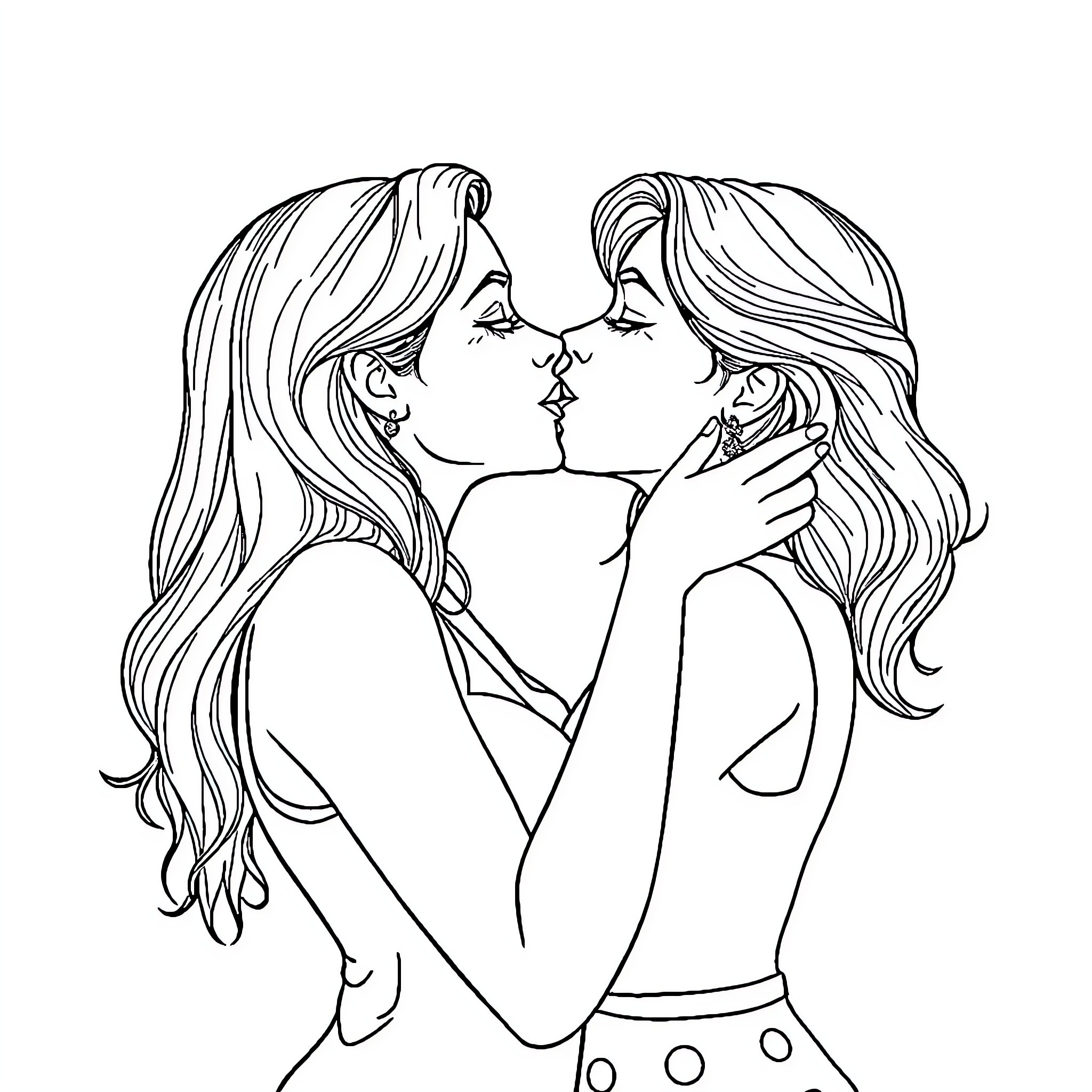 Lesbian couple sharing intimate moment Coloring Page (free black-and-white line drawing printable PDF for all, from beginners to advanced learners, including children, teens, adults, and seniors)
