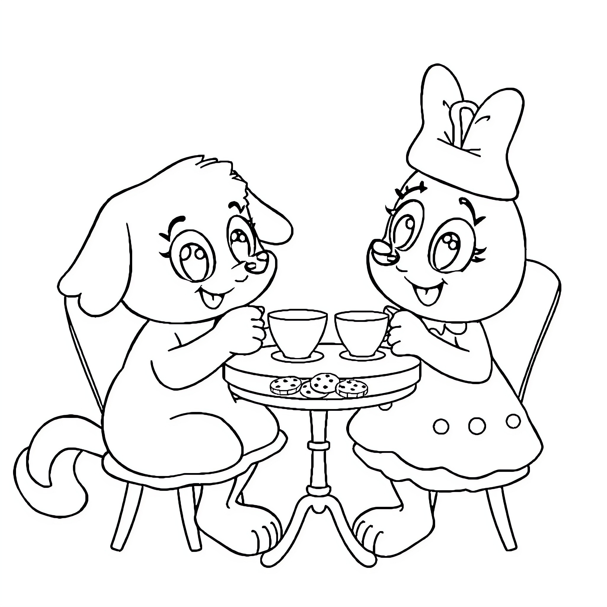 Bluey and Bingo Enjoying Snacks Together Coloring Page (free black-and-white line drawing printable PDF for all, from beginners to advanced learners, including children, teens, adults, and seniors)