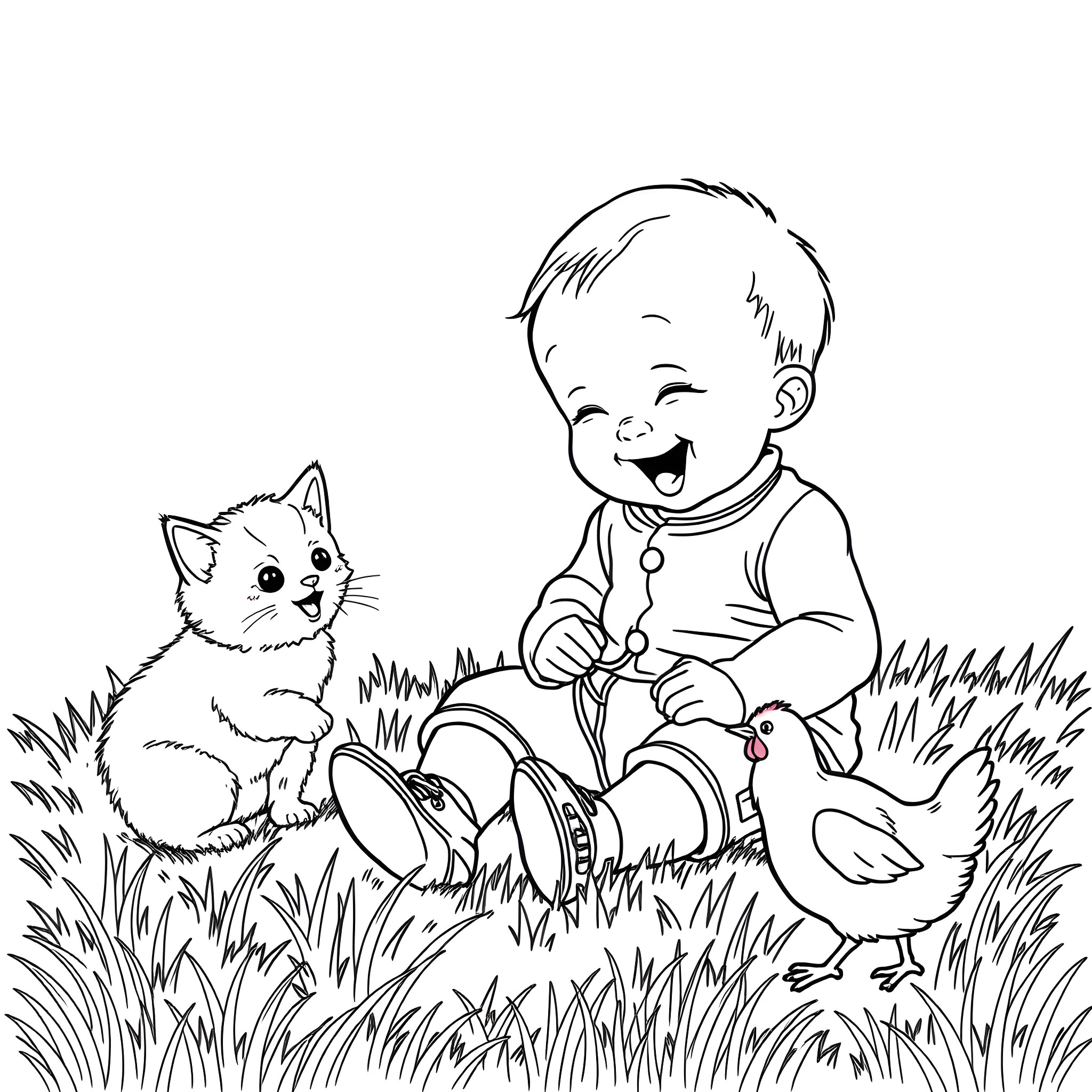 Baby playing with cute animals in the grass Coloring Page (free black-and-white line drawing printable PDF for all, from beginners to advanced learners, including children, teens, adults, and seniors)