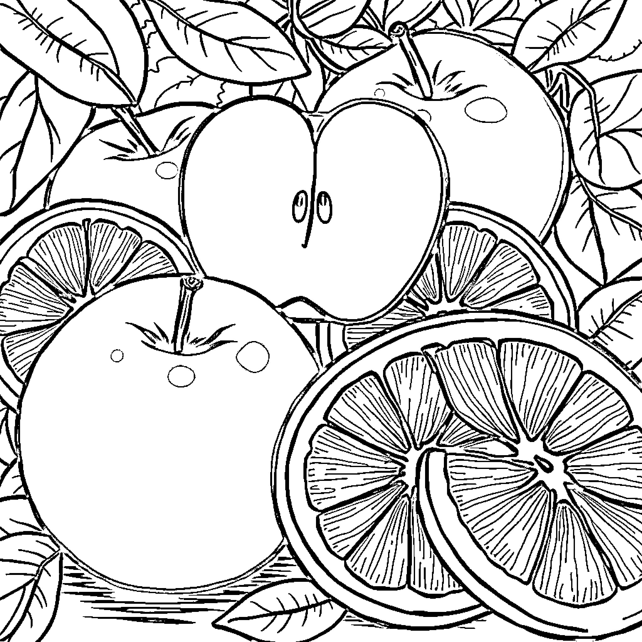 Apple fruits and slices in abstract nature backdrop Coloring Page (free black-and-white line drawing printable PDF for all, from beginners to advanced learners, including children, teens, adults, and seniors)