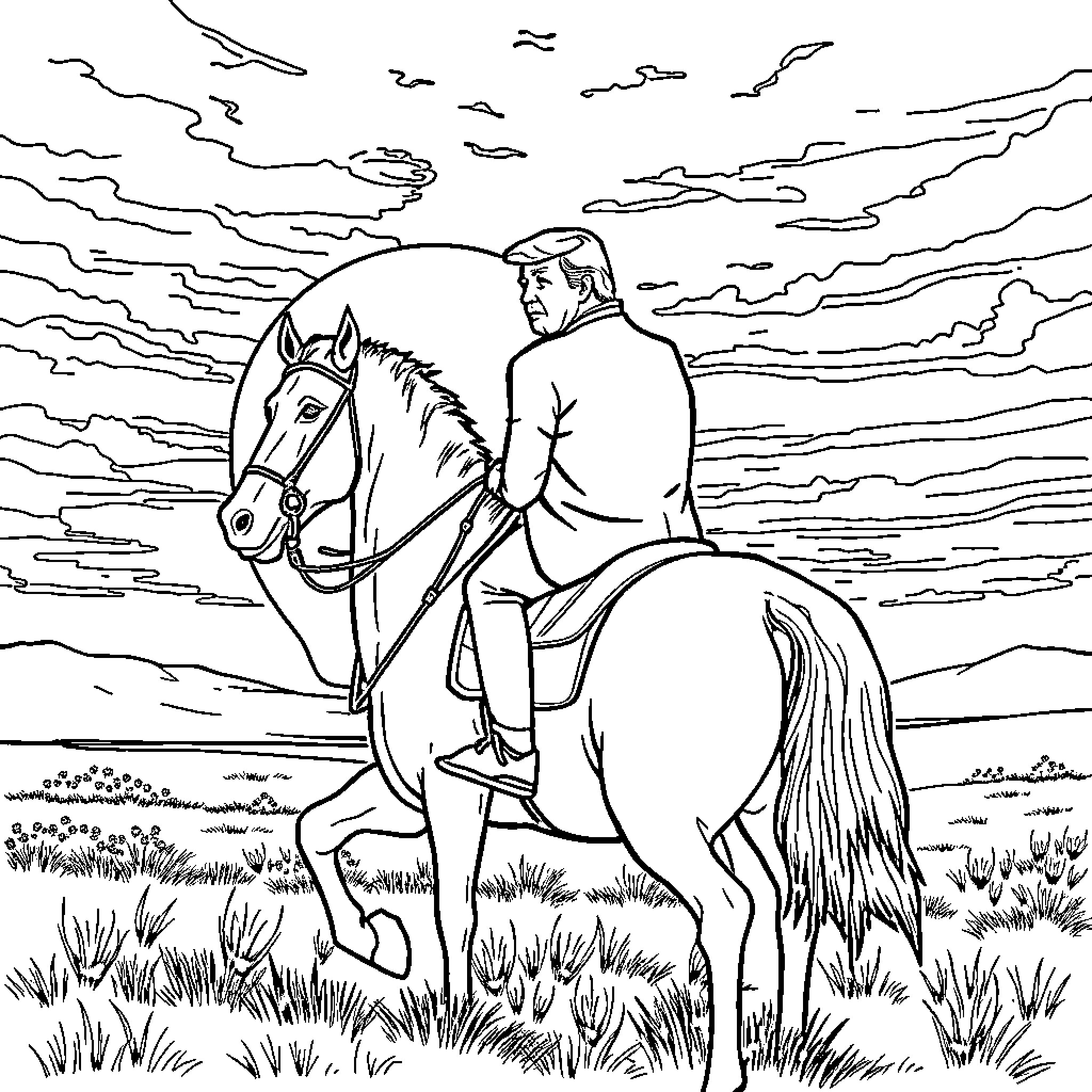 Trump riding a horse against a stormy sky Coloring Page (free black-and-white line drawing printable PDF for all, from beginners to advanced learners, including children, teens, adults, and seniors)