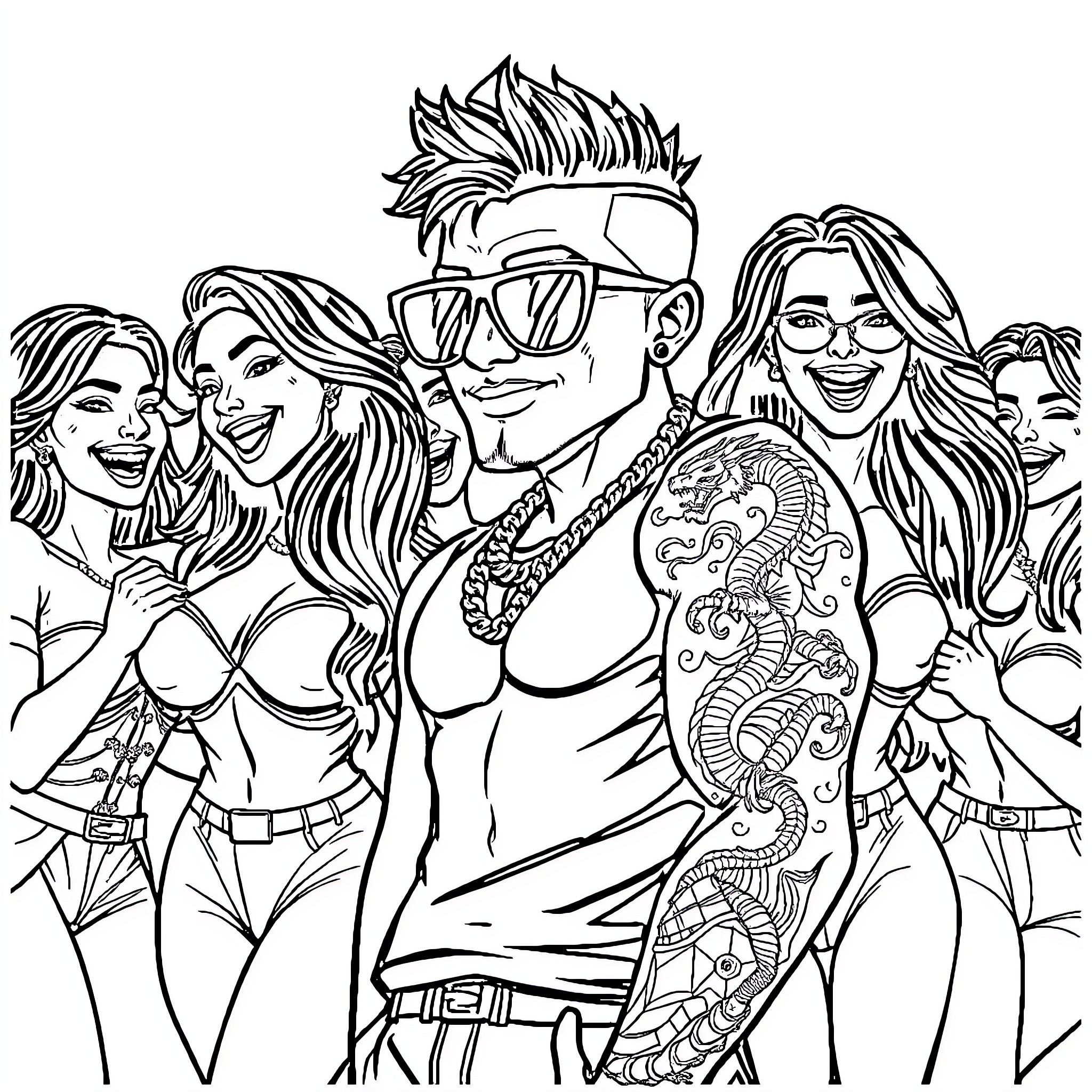 Guy surrounded by stylishly dressed friends Coloring Page (free black-and-white line drawing printable PDF for all, from beginners to advanced learners, including children, teens, adults, and seniors)