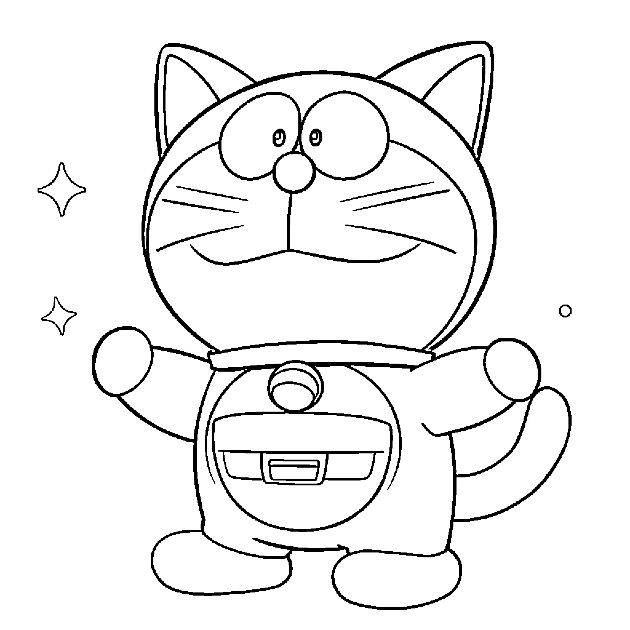 Doraemon standing with gadgets in hand Coloring Page (free black-and-white line drawing printable PDF for all, from beginners to advanced learners, including children, teens, adults, and seniors)