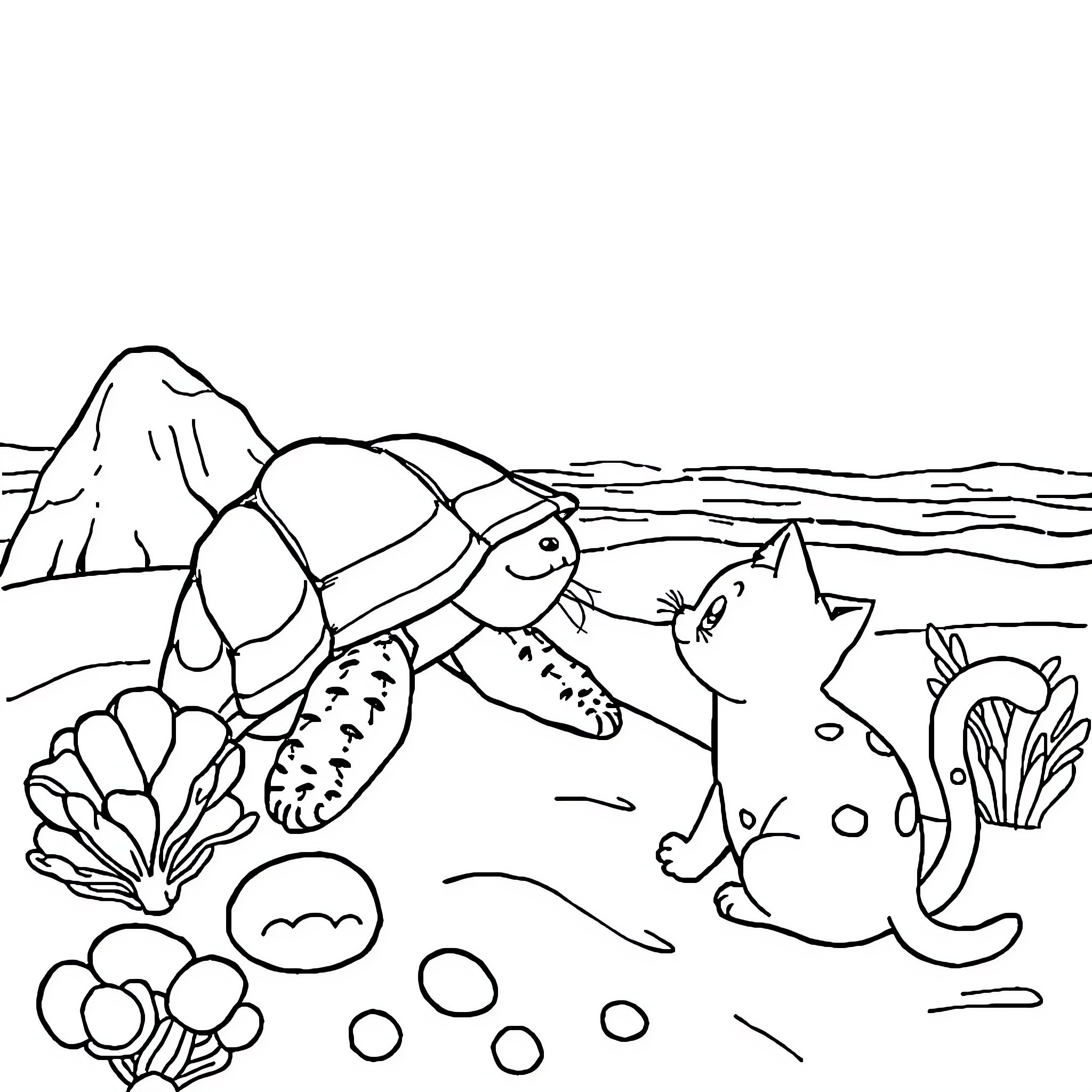 Shell creatures exploring underwater landscape Coloring Page (free black-and-white line drawing printable PDF for all, from beginners to advanced learners, including children, teens, adults, and seniors)