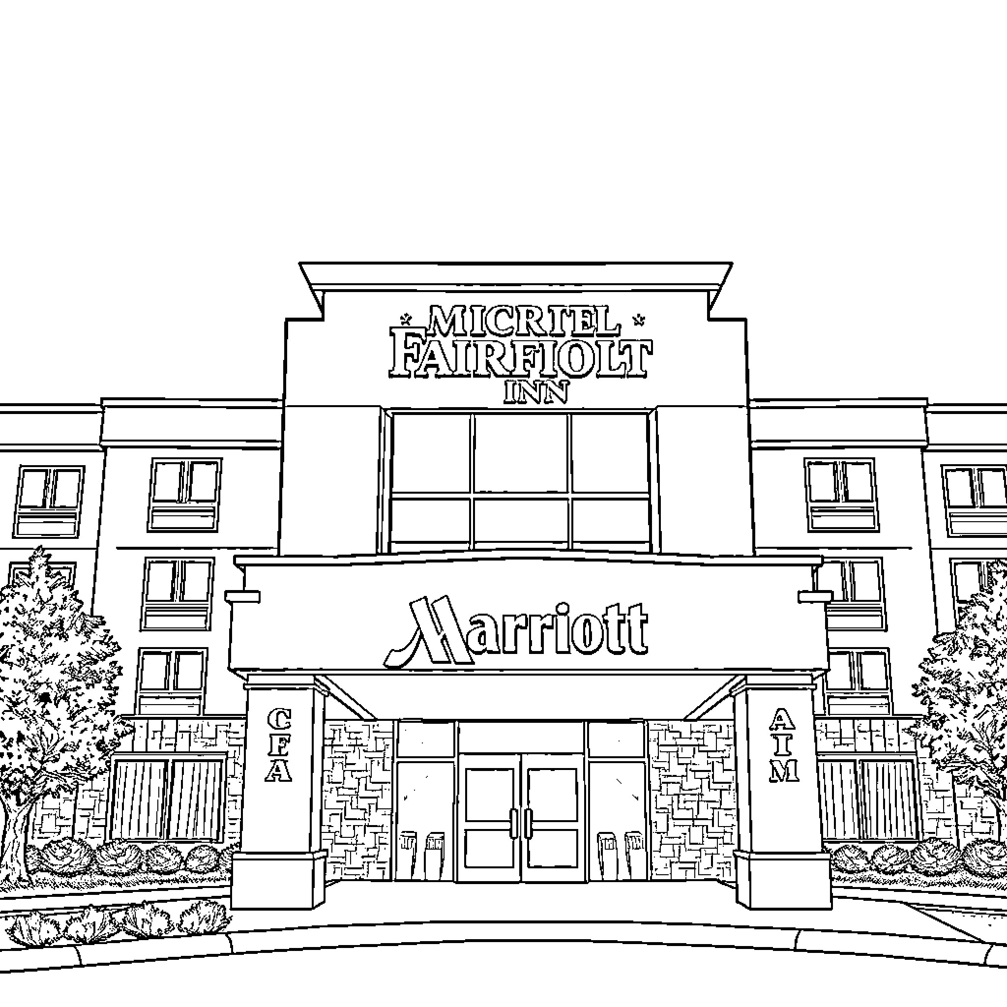 Fairfield Inn with Marriott branding and signage Coloring Page (free black-and-white line drawing printable PDF for all, from beginners to advanced learners, including children, teens, adults, and seniors)