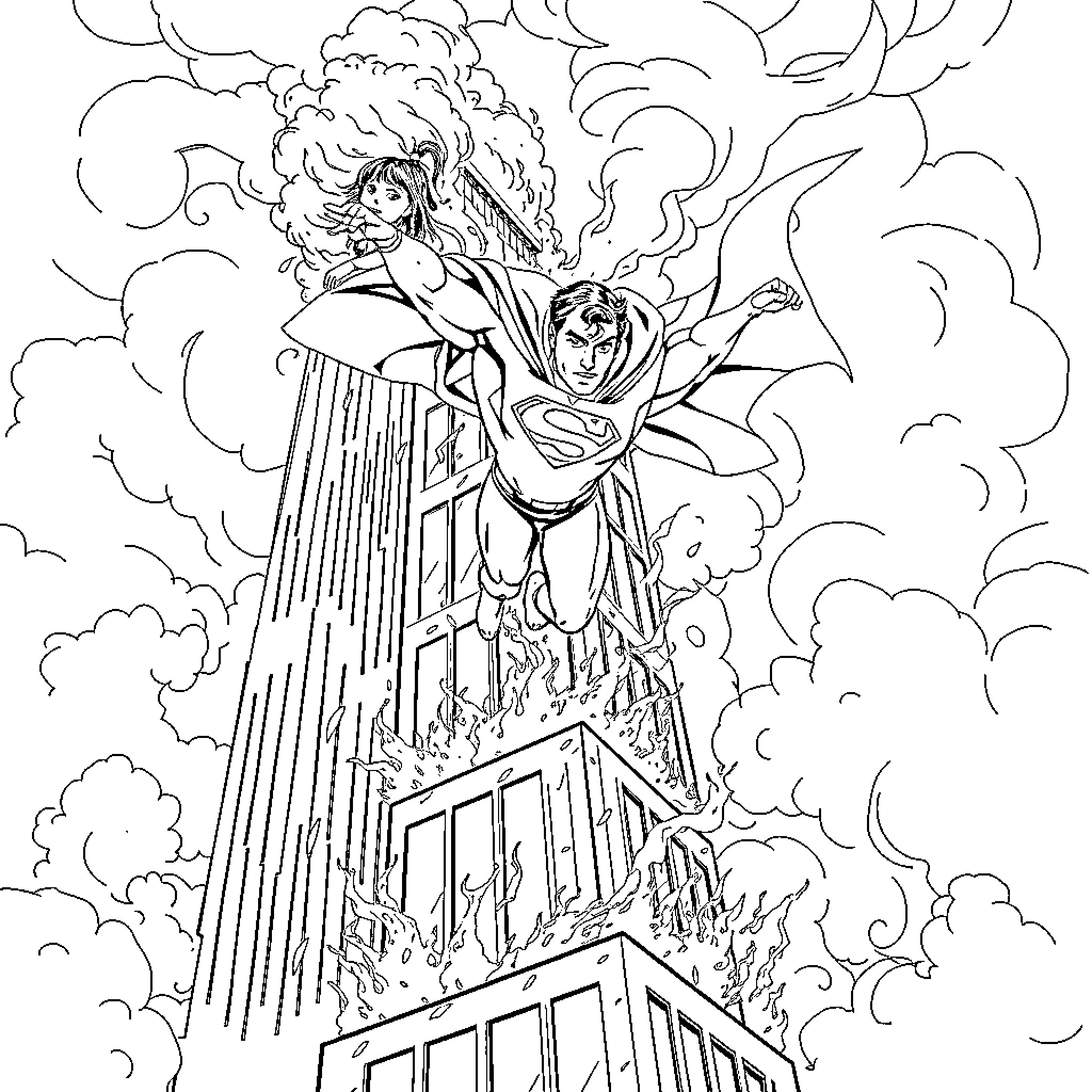 Superman Heroically Saving City from Disaster Coloring Page (free black-and-white line drawing printable PDF for all, from beginners to advanced learners, including children, teens, adults, and seniors)
