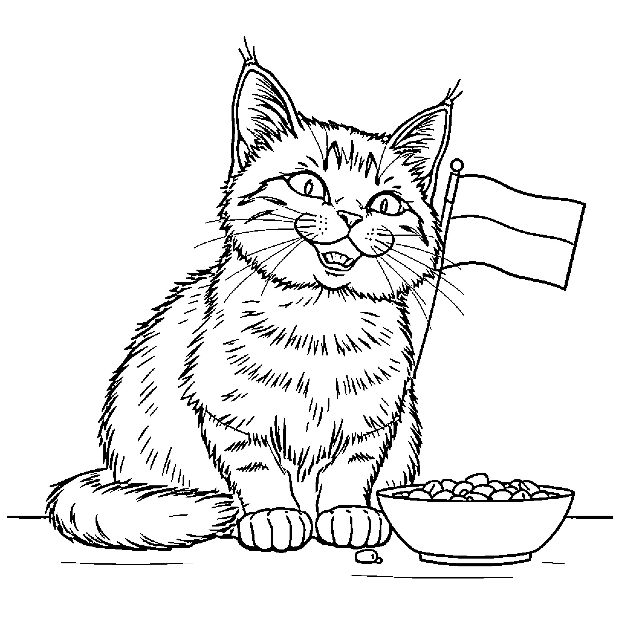 Cat dining with enthusiasm by flag Coloring Page (free black-and-white line drawing printable PDF for all, from beginners to advanced learners, including children, teens, adults, and seniors)
