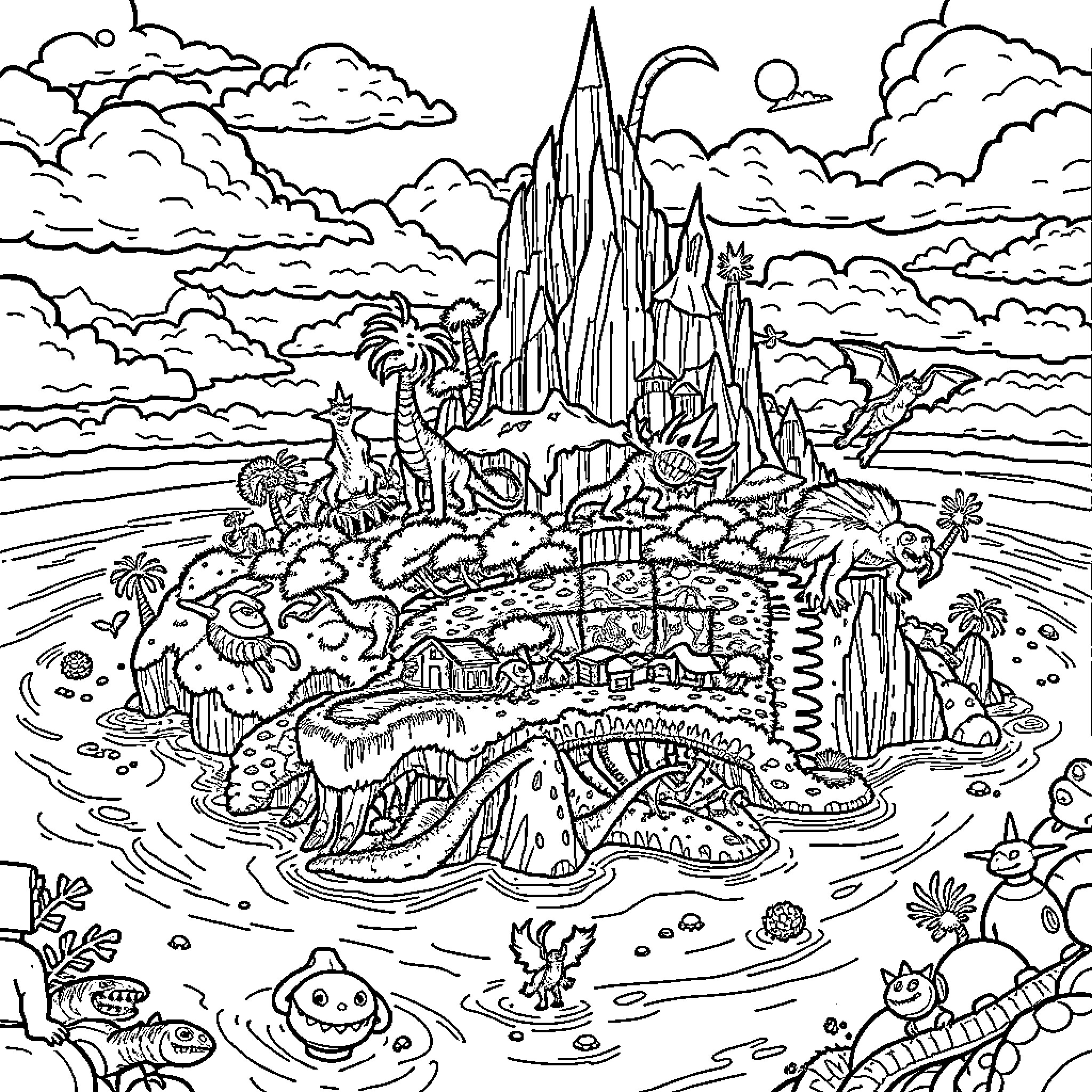 Monster Island of Fantastical Creatures Coloring Page (free black-and-white line drawing printable PDF for all, from beginners to advanced learners, including children, teens, adults, and seniors)