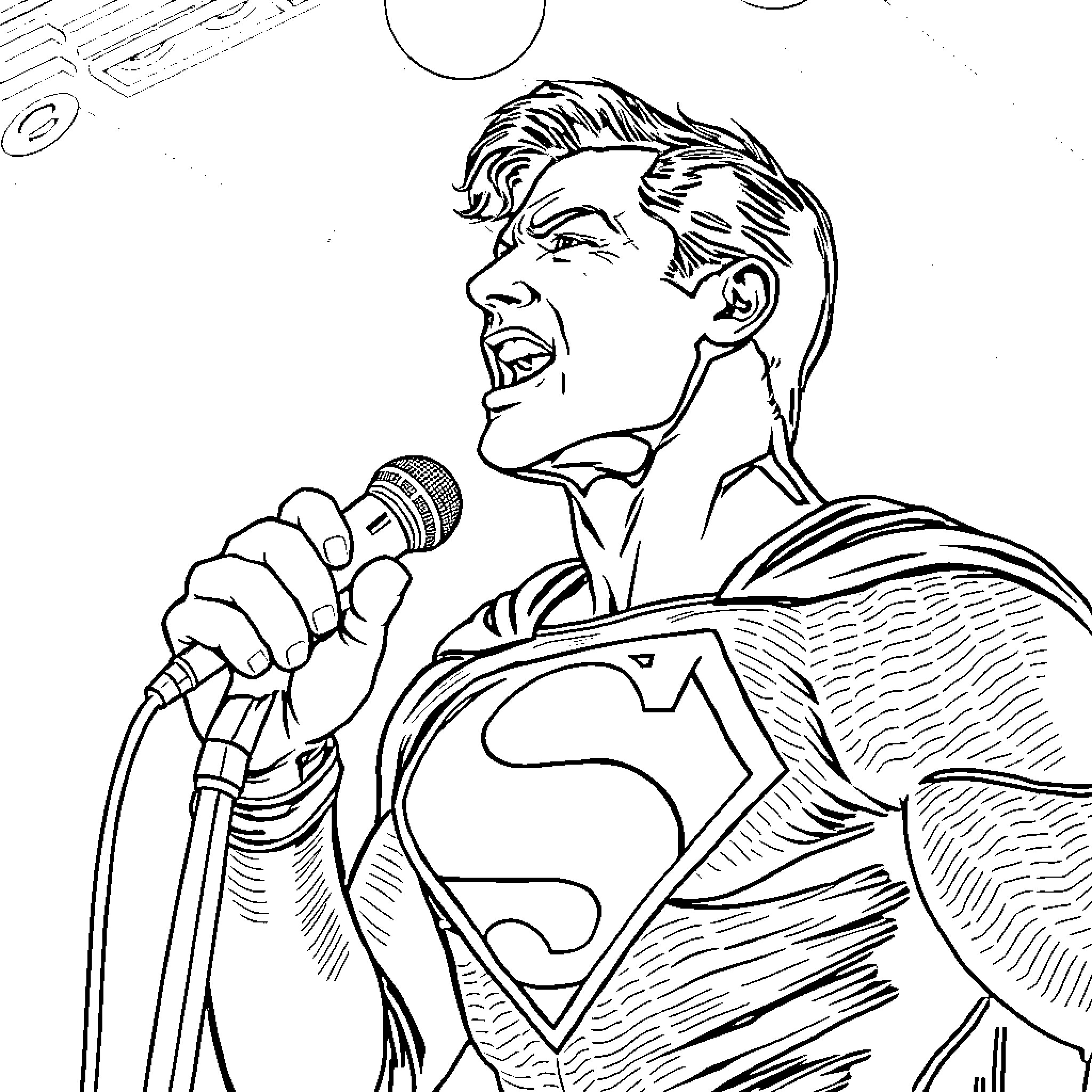 Superman singing passionately on stage Coloring Page (free black-and-white line drawing printable PDF for all, from beginners to advanced learners, including children, teens, adults, and seniors)