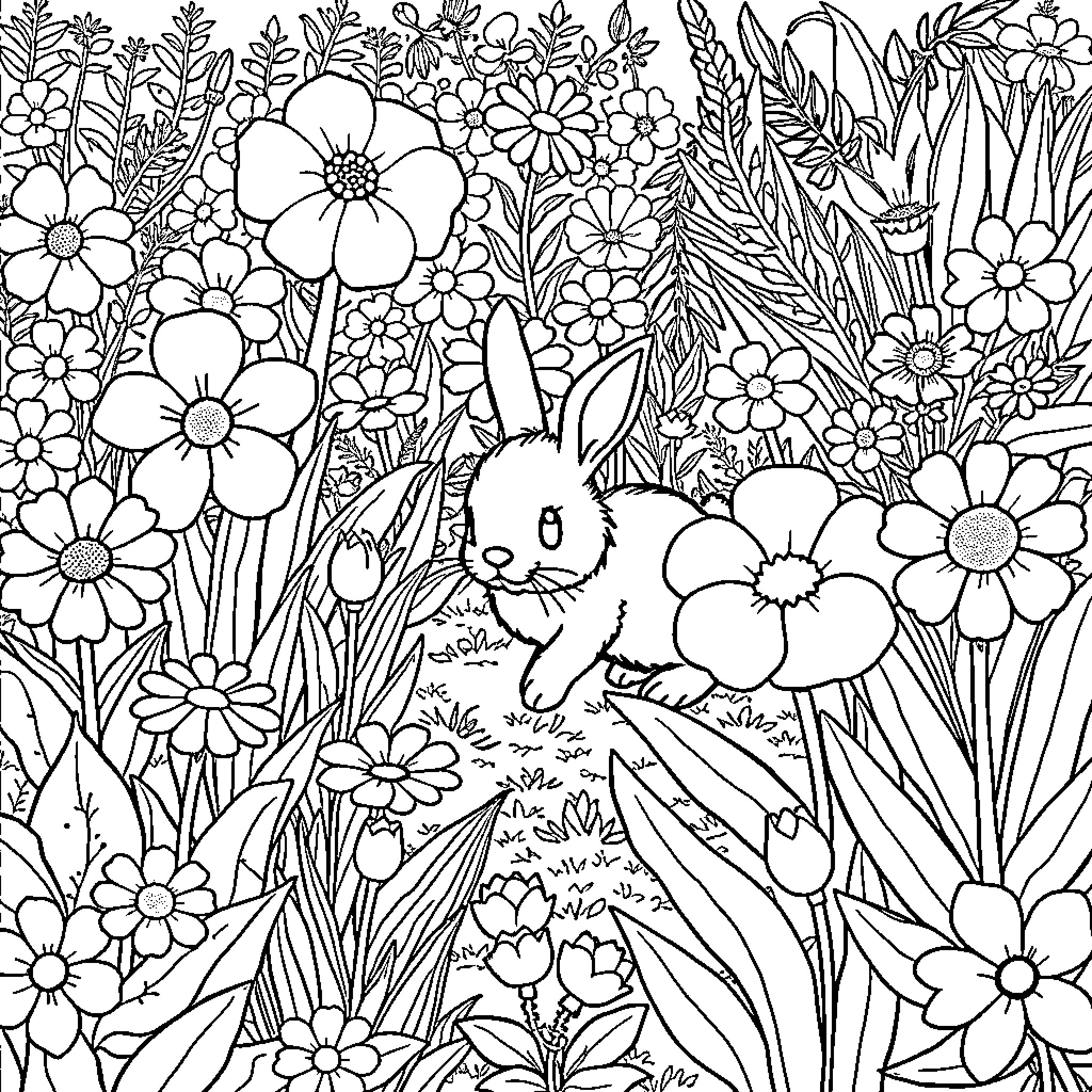 Rabbit in a Floral Garden Coloring Page (free black-and-white line drawing printable PDF for all, from beginners to advanced learners, including children, teens, adults, and seniors)
