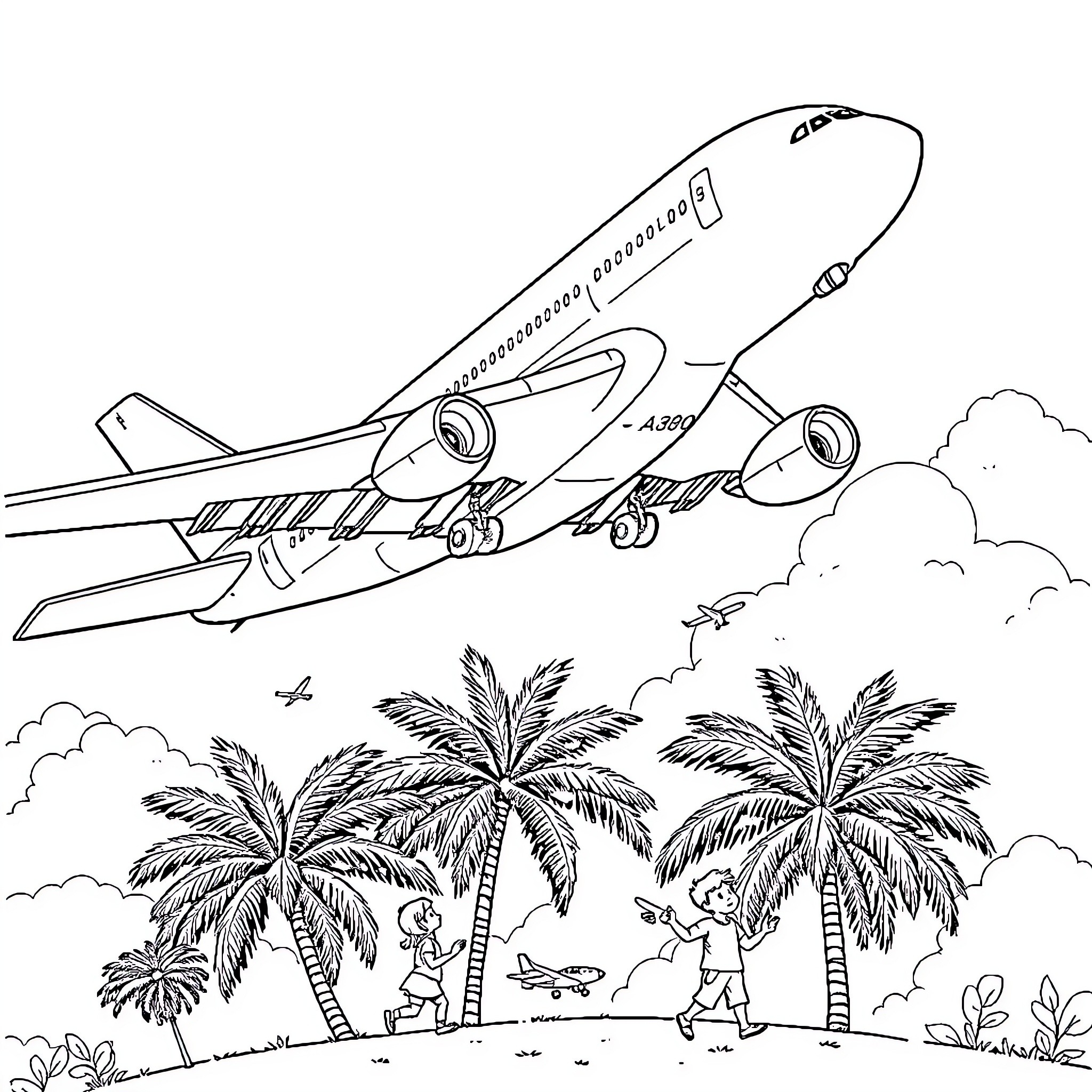 Avión volando sobre palmeras y personas Coloring Page (free black-and-white line drawing printable PDF for all, from beginners to advanced learners, including children, teens, adults, and seniors)
