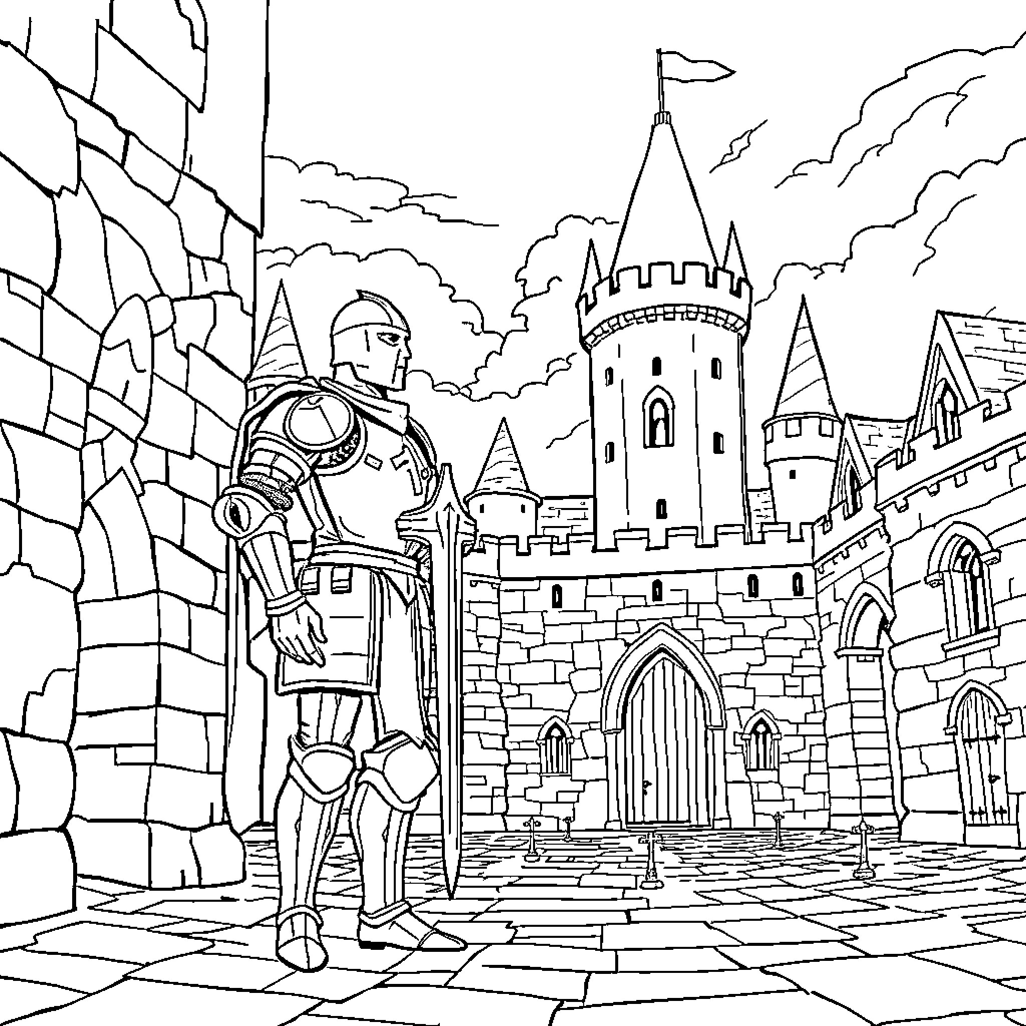 Knight Guarding the Medieval Castle Fortress Coloring Page (free black-and-white line drawing printable PDF for all, from beginners to advanced learners, including children, teens, adults, and seniors)