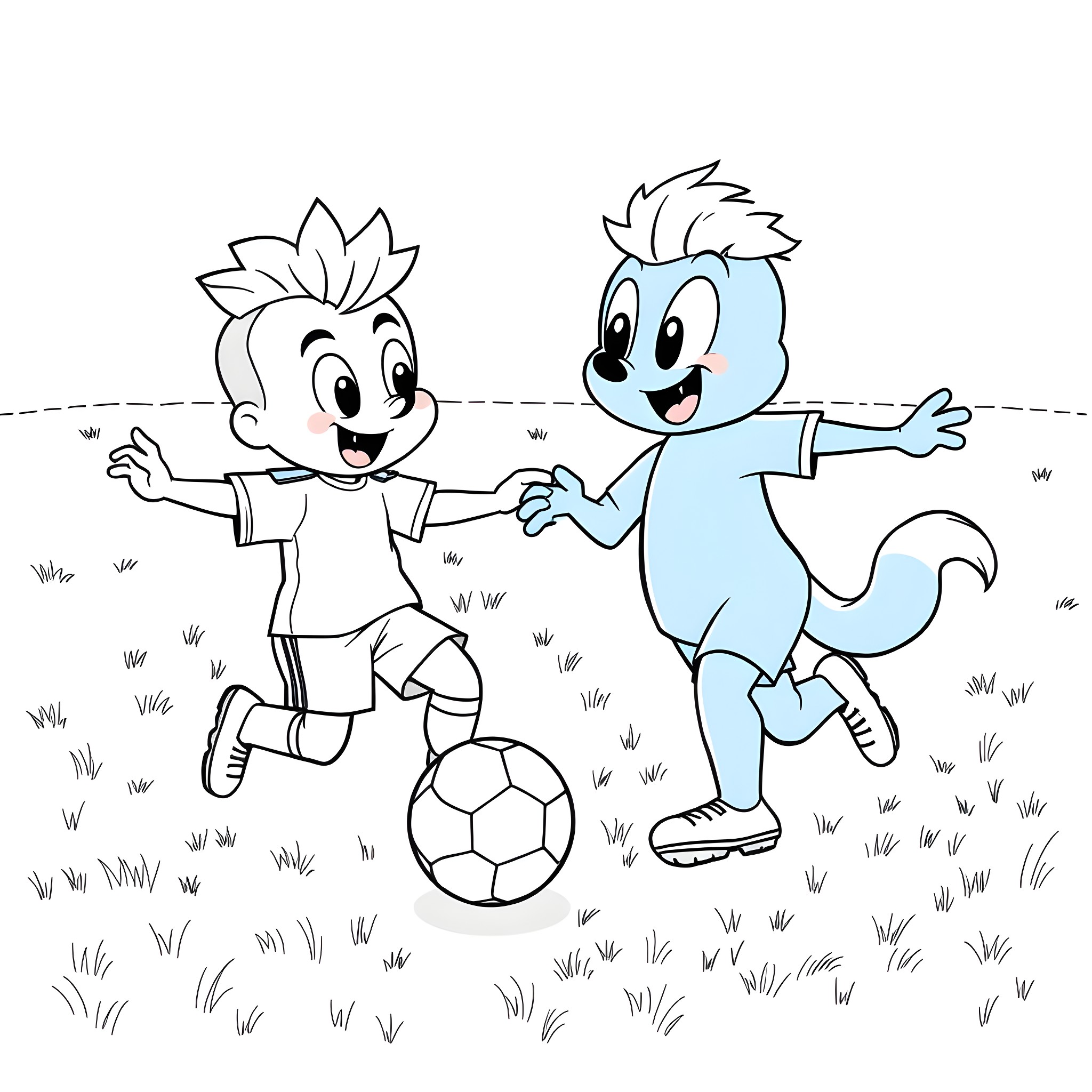 Bluey and friend playing soccer joyfully Coloring Page (free black-and-white line drawing printable PDF for all, from beginners to advanced learners, including children, teens, adults, and seniors)