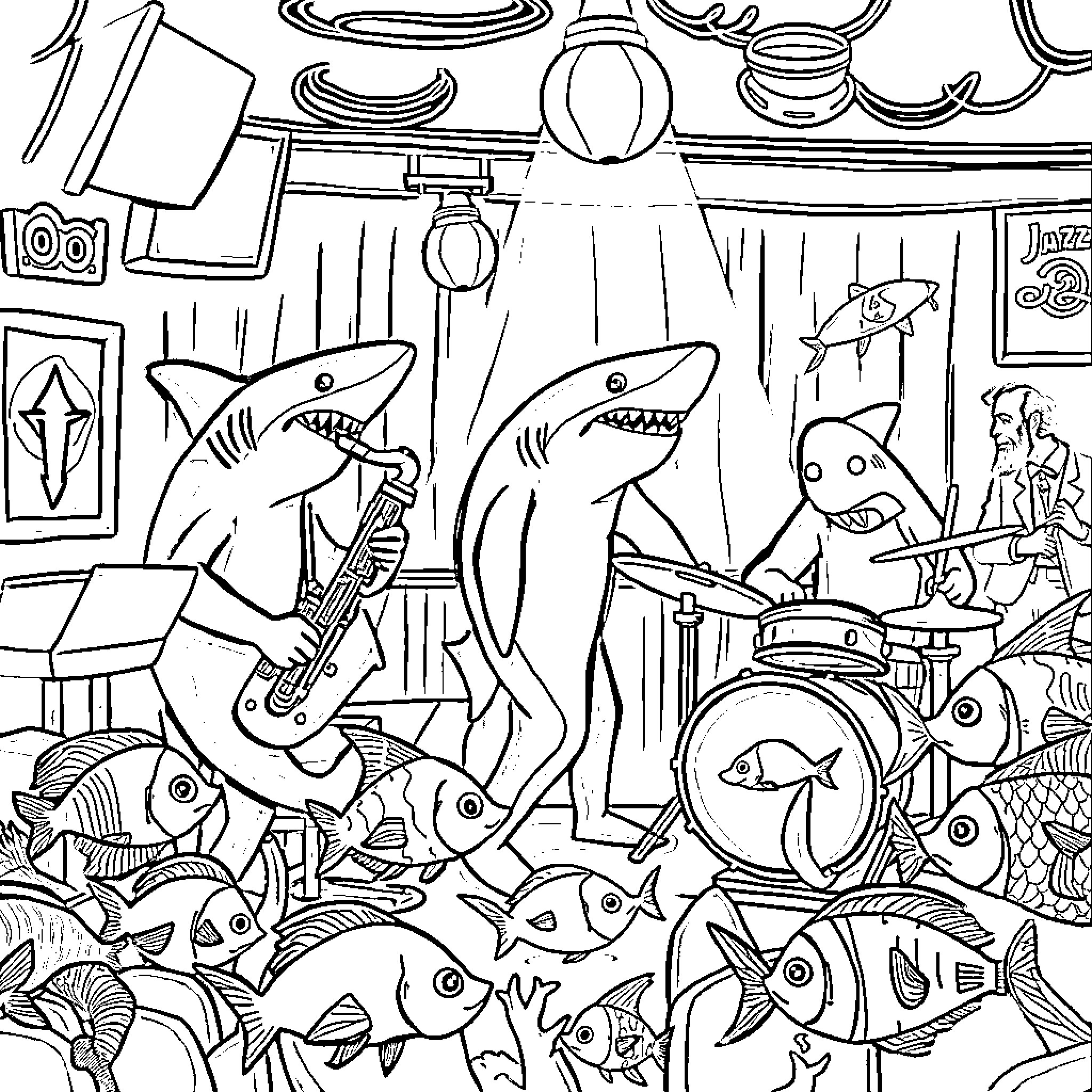 Shark band performing lively music on stage Coloring Page (free black-and-white line drawing printable PDF for all, from beginners to advanced learners, including children, teens, adults, and seniors)
