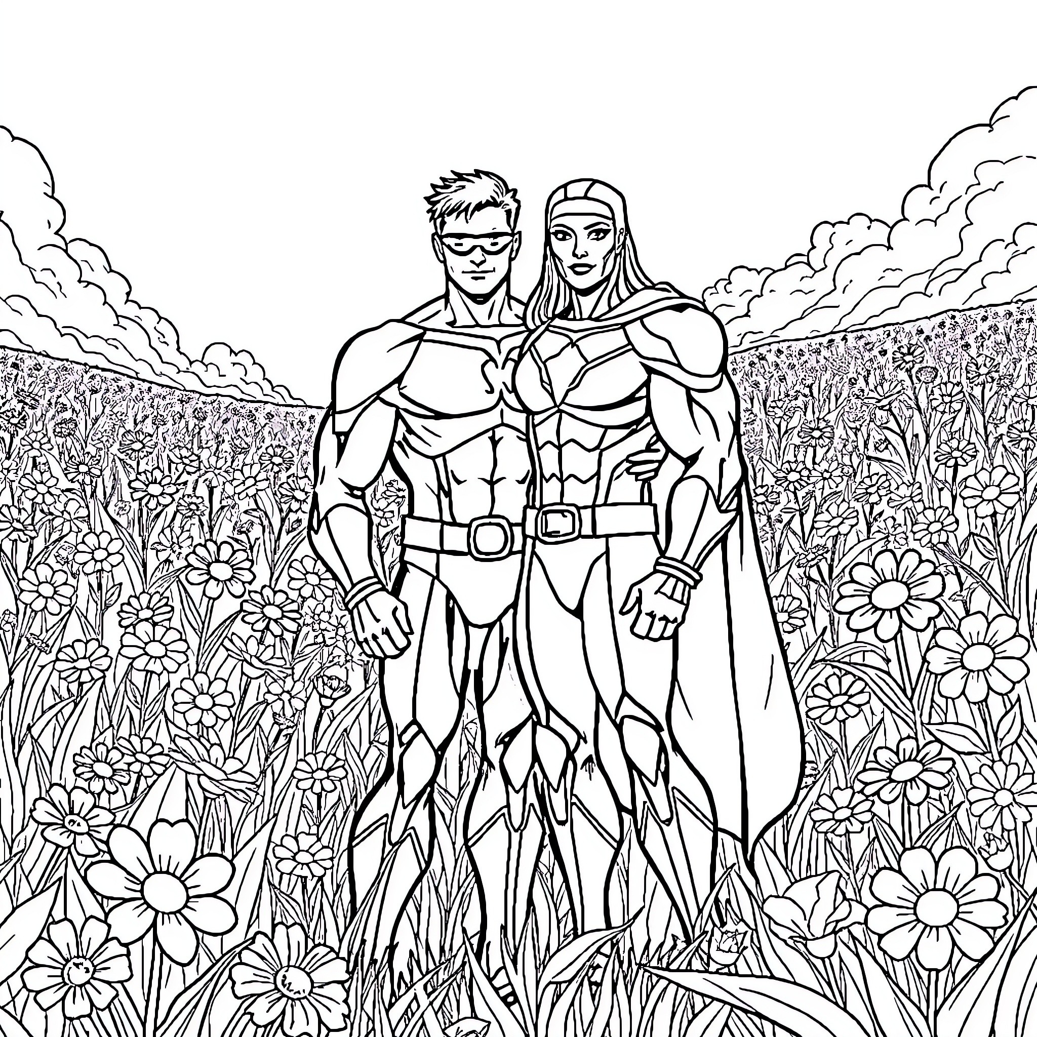 Omniman and companion in the flower field Coloring Page (free black-and-white line drawing printable PDF for all, from beginners to advanced learners, including children, teens, adults, and seniors)