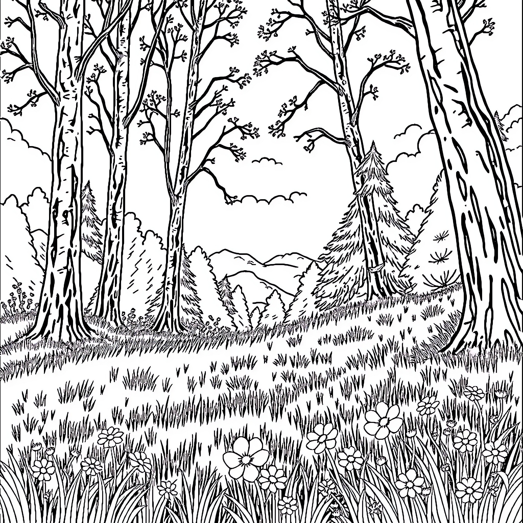 Nature's Serenity: Enchanting Forest Landscape Coloring Page (free black-and-white line drawing printable PDF for all, from beginners to advanced learners, including children, teens, adults, and seniors)