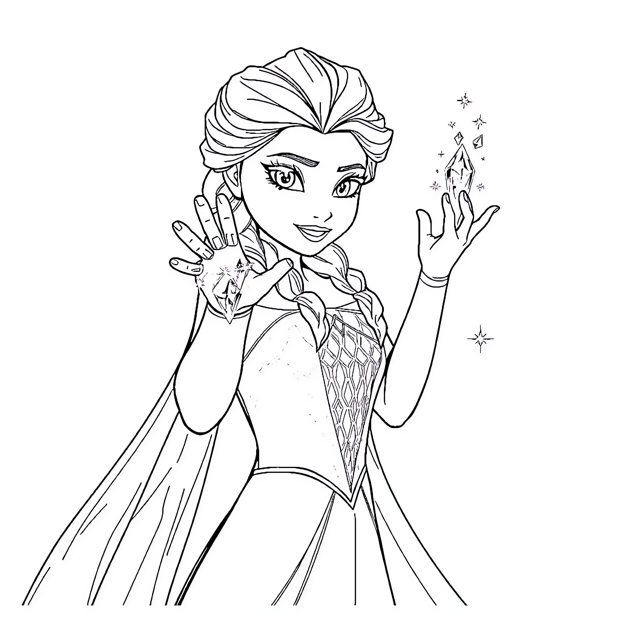 Elsa using her magical powers Coloring Page (free black-and-white line drawing printable PDF for all, from beginners to advanced learners, including children, teens, adults, and seniors)
