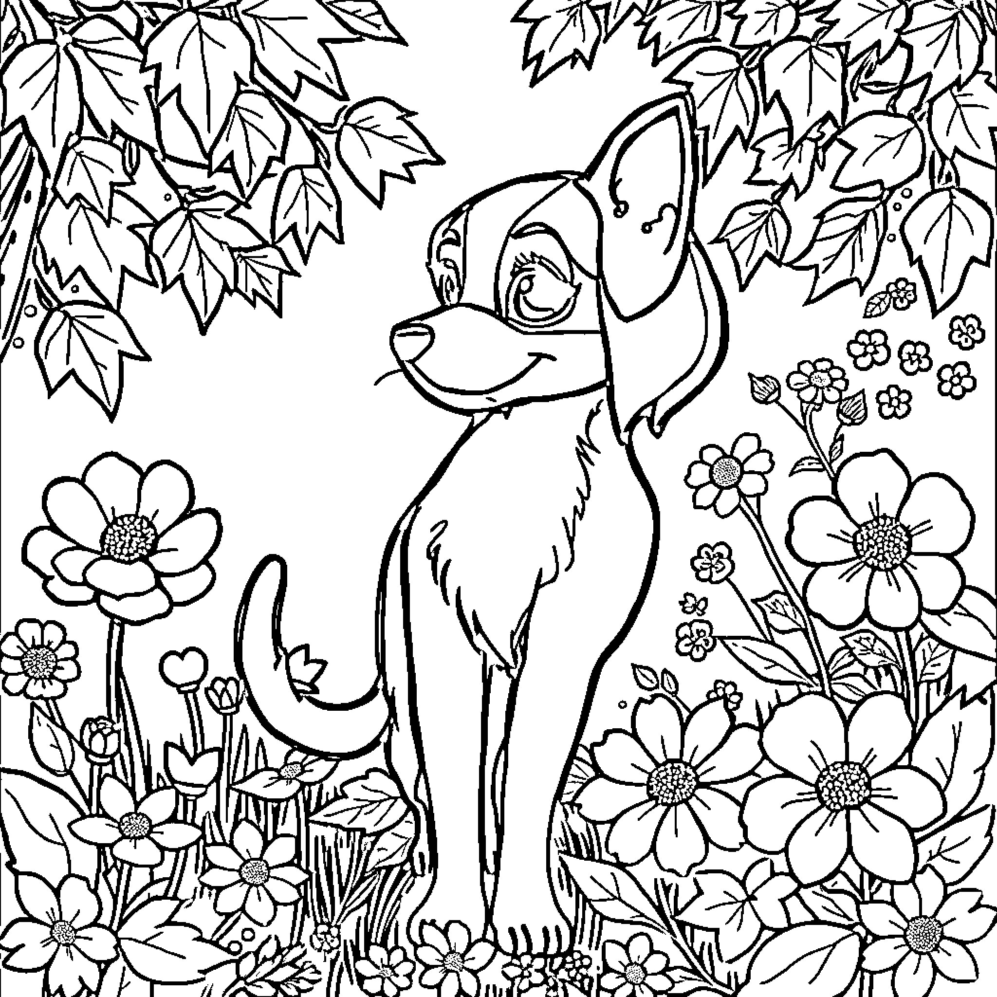 Melanie's Joyful Woodland Adventure Coloring Page (free black-and-white line drawing printable PDF for all, from beginners to advanced learners, including children, teens, adults, and seniors)