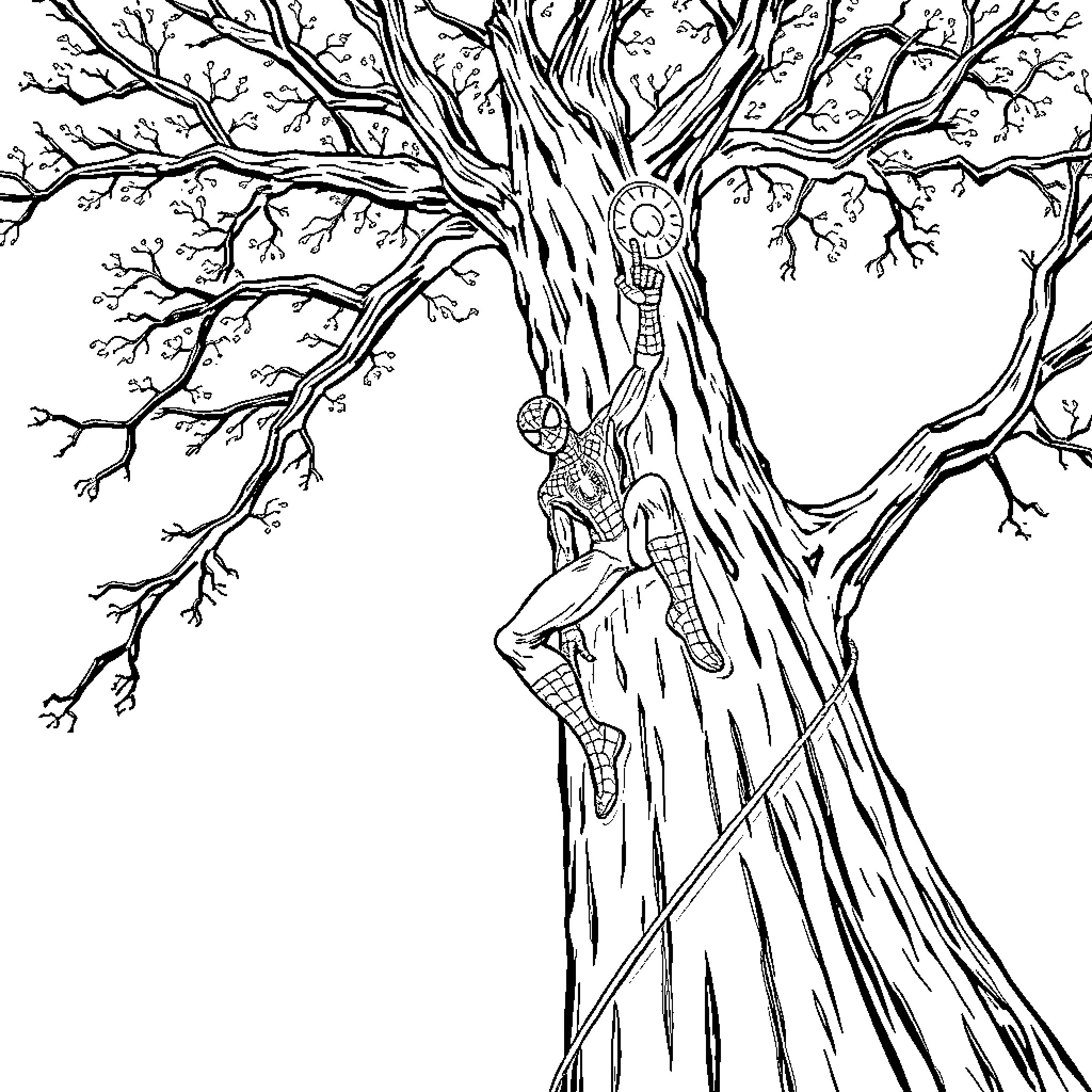 Spiderman climbing up a tree Coloring Page (free black-and-white line drawing printable PDF for all, from beginners to advanced learners, including children, teens, adults, and seniors)
