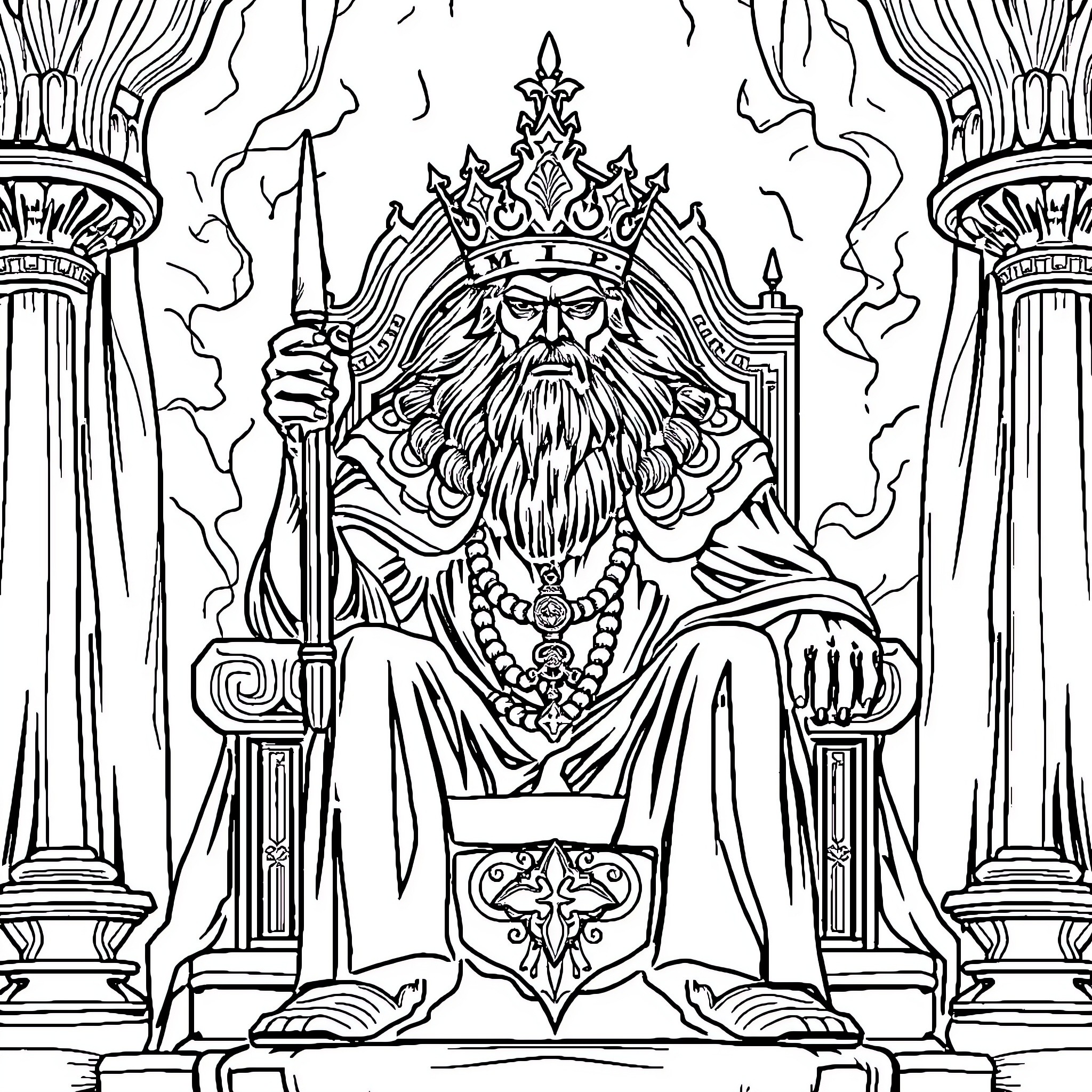 King Ruling from Majestic Throne with Authority Coloring Page (free black-and-white line drawing printable PDF for all, from beginners to advanced learners, including children, teens, adults, and seniors)