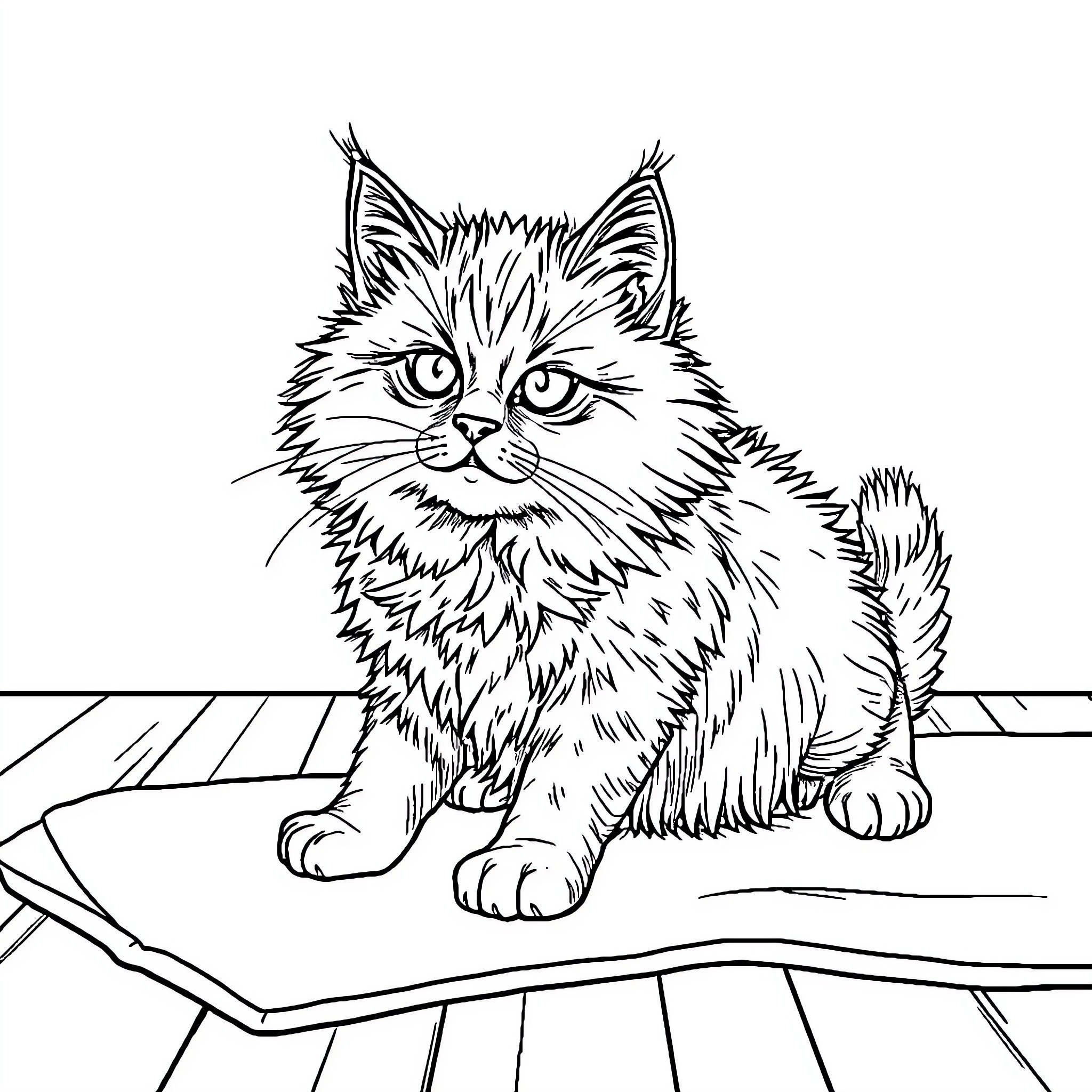 Cat Sitting Attentively on Patterned Surface Coloring Page (free black-and-white line drawing printable PDF for all, from beginners to advanced learners, including children, teens, adults, and seniors)