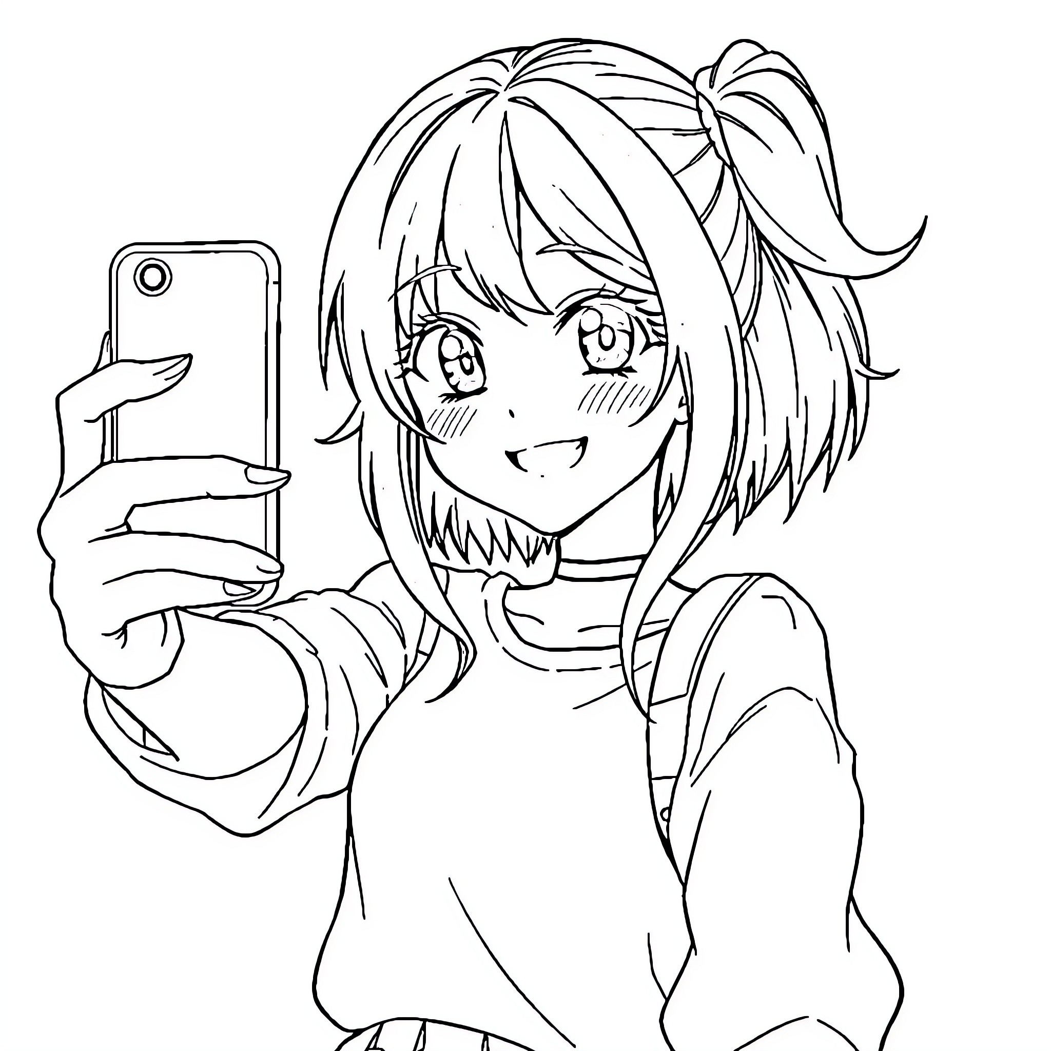 Girl taking selfie with smartphone Coloring Page (free black-and-white line drawing printable PDF for all, from beginners to advanced learners, including children, teens, adults, and seniors)