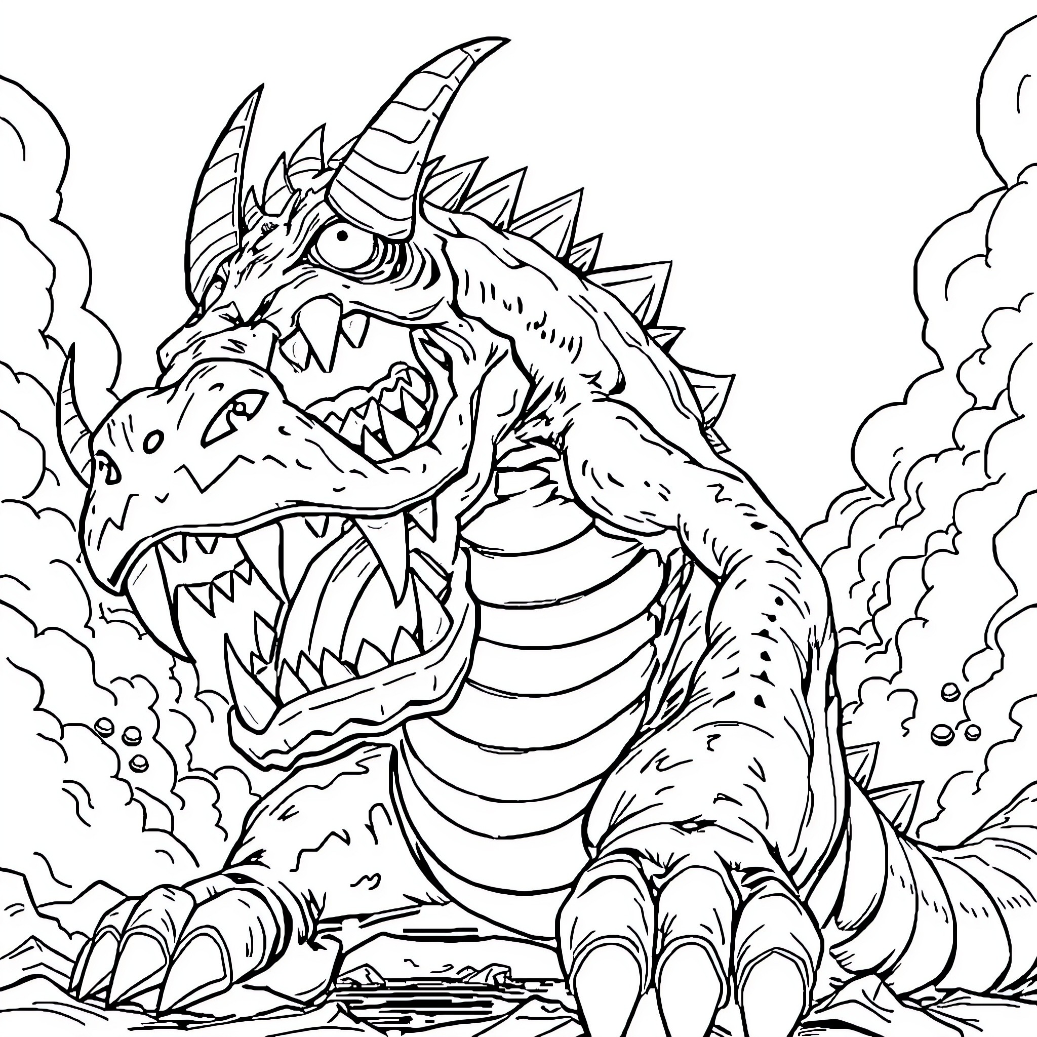 Peace Monster Unleashes Thunderous Roar Coloring Page (free black-and-white line drawing printable PDF for all, from beginners to advanced learners, including children, teens, adults, and seniors)