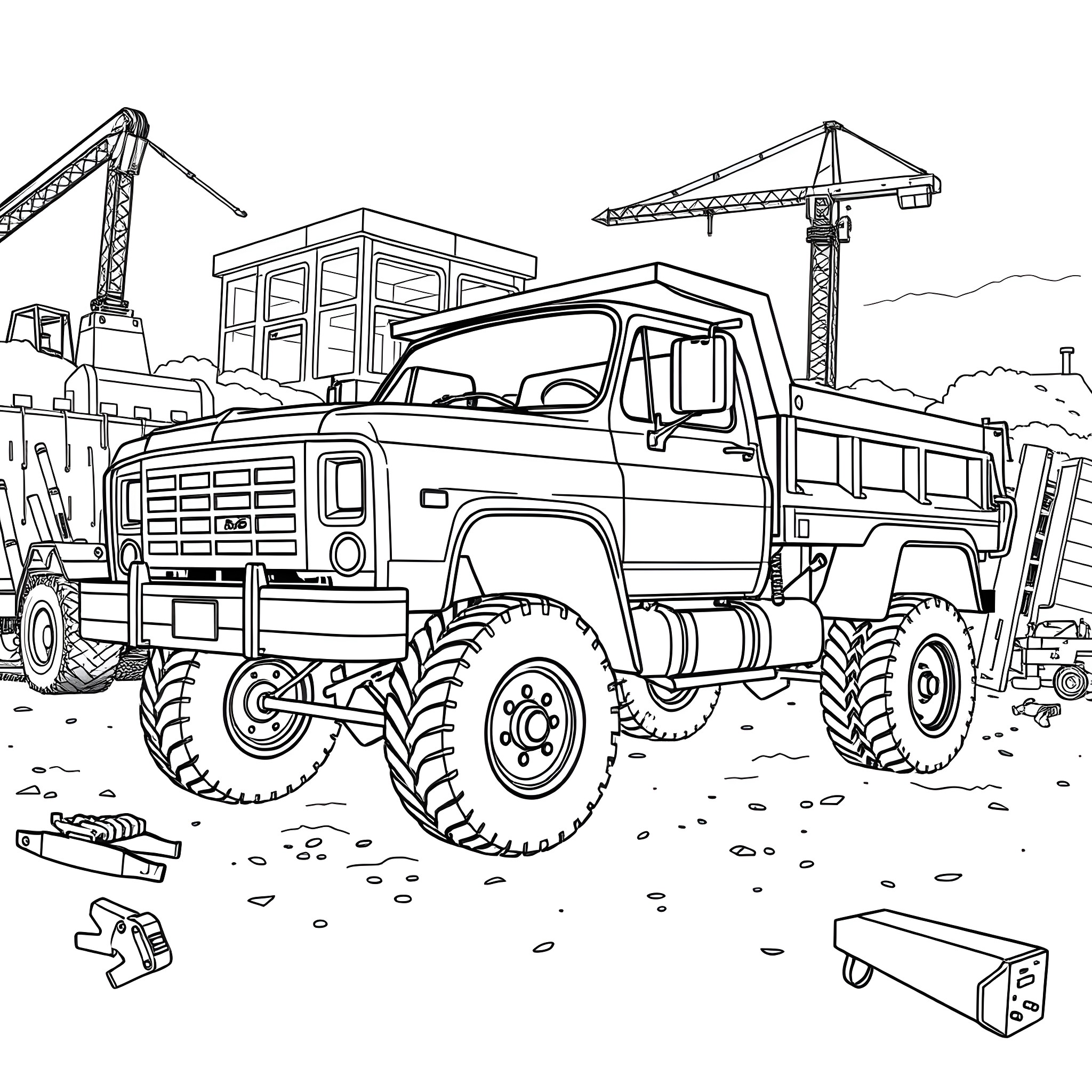 Chevy dump truck at construction site Coloring Page (free black-and-white line drawing printable PDF for all, from beginners to advanced learners, including children, teens, adults, and seniors)