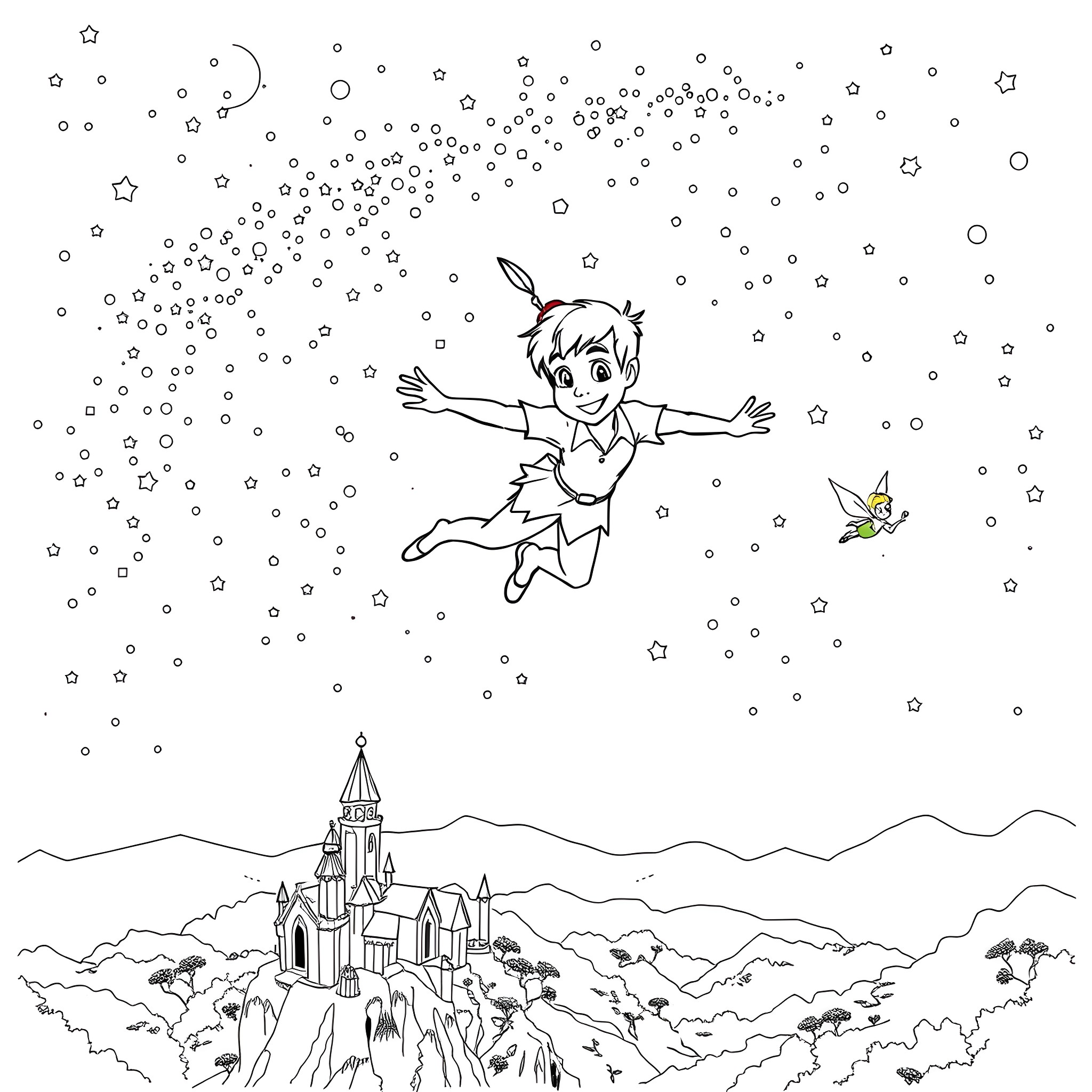 Peter Pan flying over the Neverland castle Coloring Page (free black-and-white line drawing printable PDF for all, from beginners to advanced learners, including children, teens, adults, and seniors)