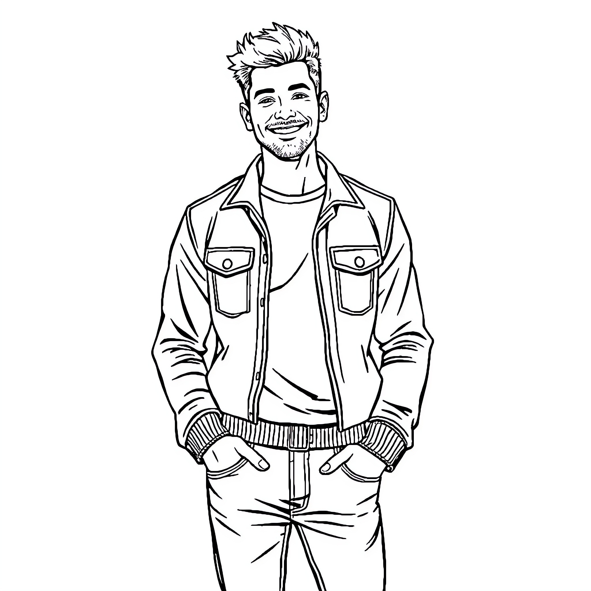 Theo James in casual outfit posing confidently Coloring Page (free black-and-white line drawing printable PDF for all, from beginners to advanced learners, including children, teens, adults, and seniors)