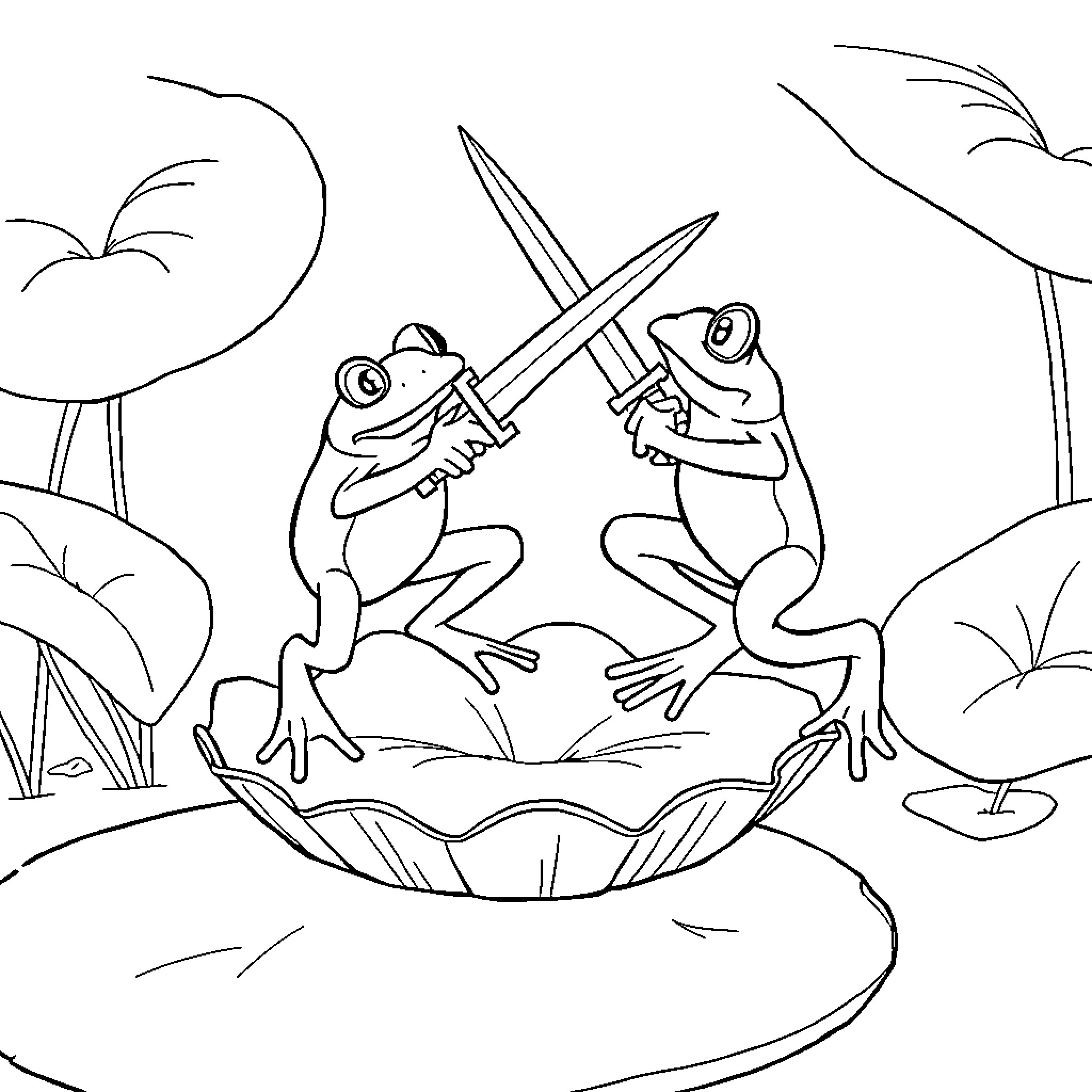 Frogs duelling with swords in the forest Coloring Page (free black-and-white line drawing printable PDF for all, from beginners to advanced learners, including children, teens, adults, and seniors)