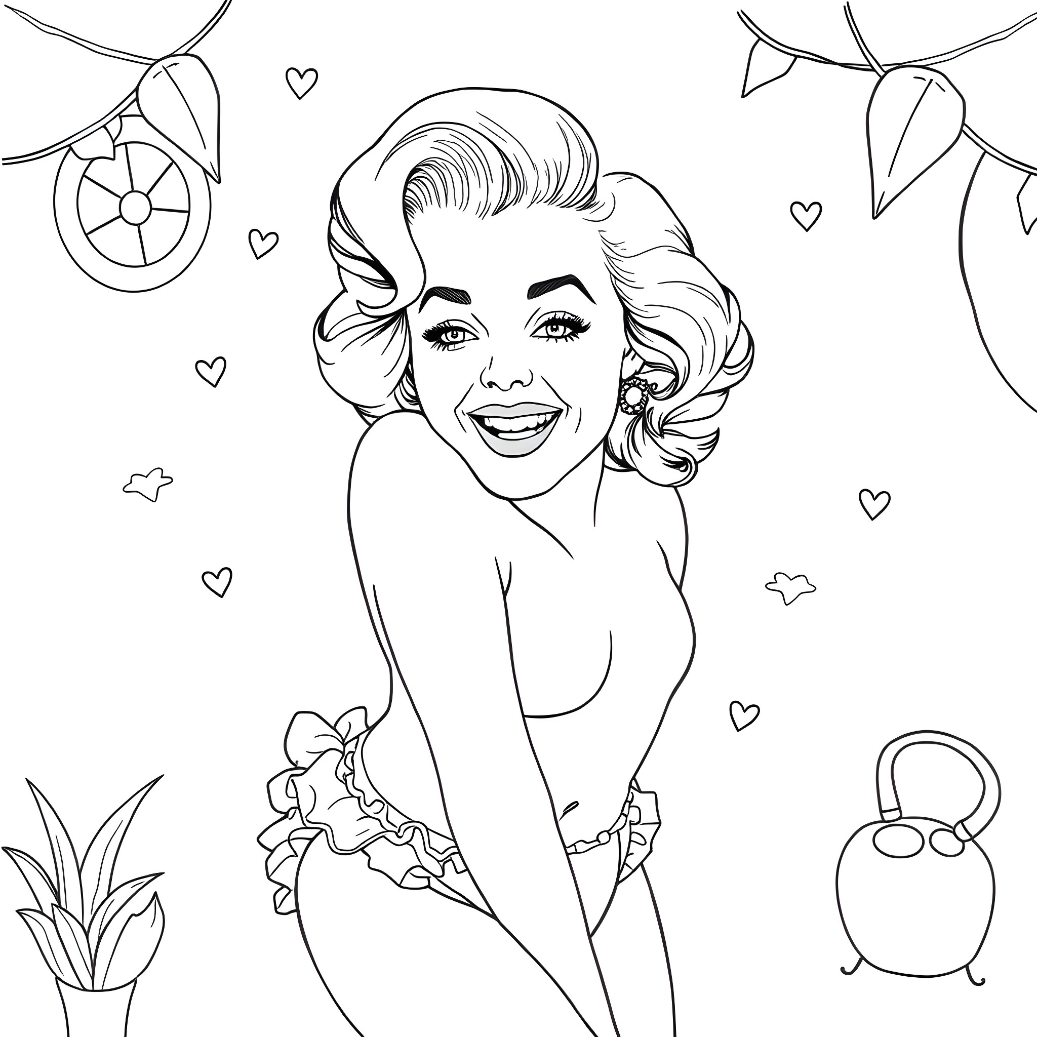 Marilyn Monroe's Playful and Glamorous Portrayal Coloring Page (free black-and-white line drawing printable PDF for all, from beginners to advanced learners, including children, teens, adults, and seniors)