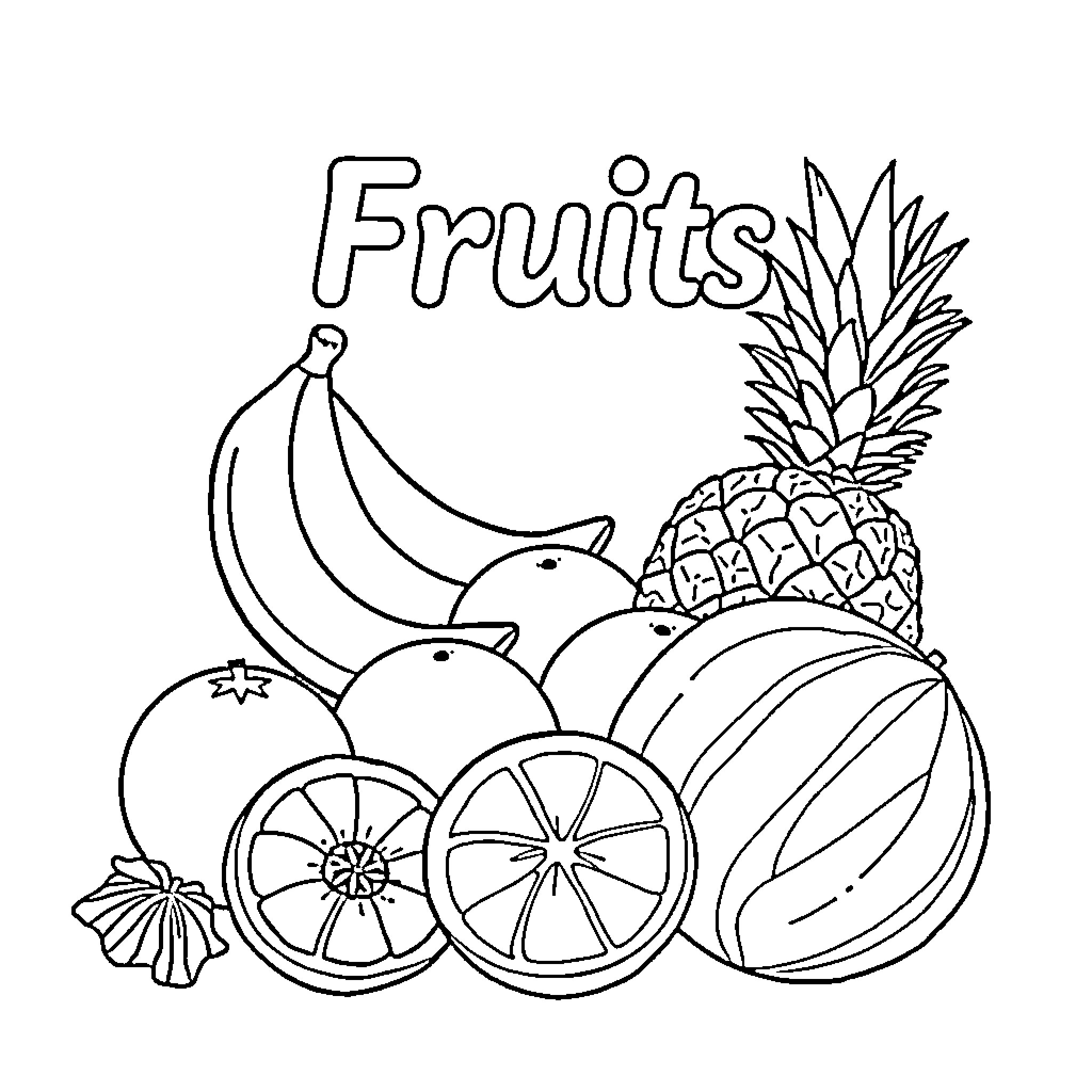 Fruits displayed in a simple arrangement Coloring Page (free black-and-white line drawing printable PDF for all, from beginners to advanced learners, including children, teens, adults, and seniors)