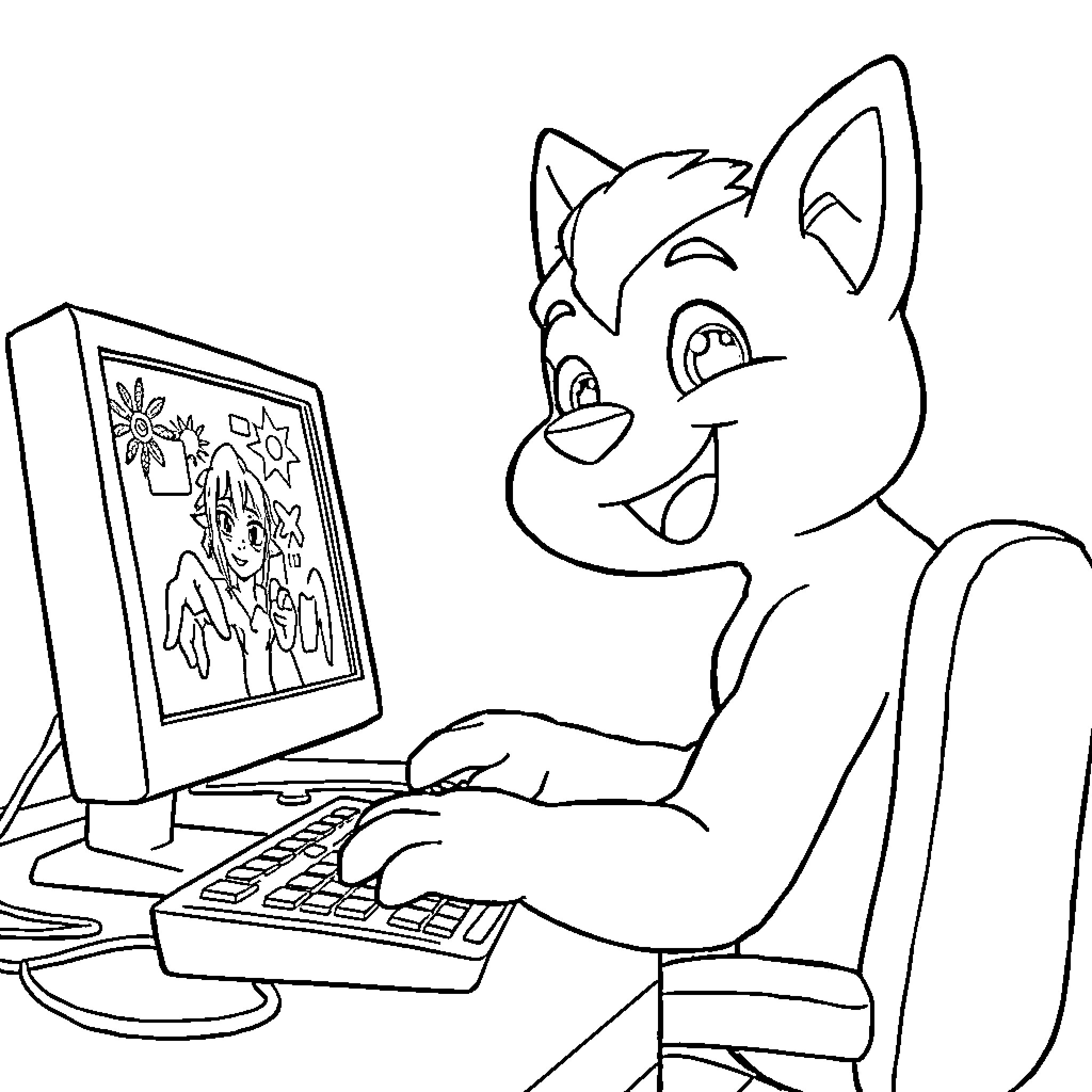 Bluey enjoying fun activities on computer Coloring Page (free black-and-white line drawing printable PDF for all, from beginners to advanced learners, including children, teens, adults, and seniors)