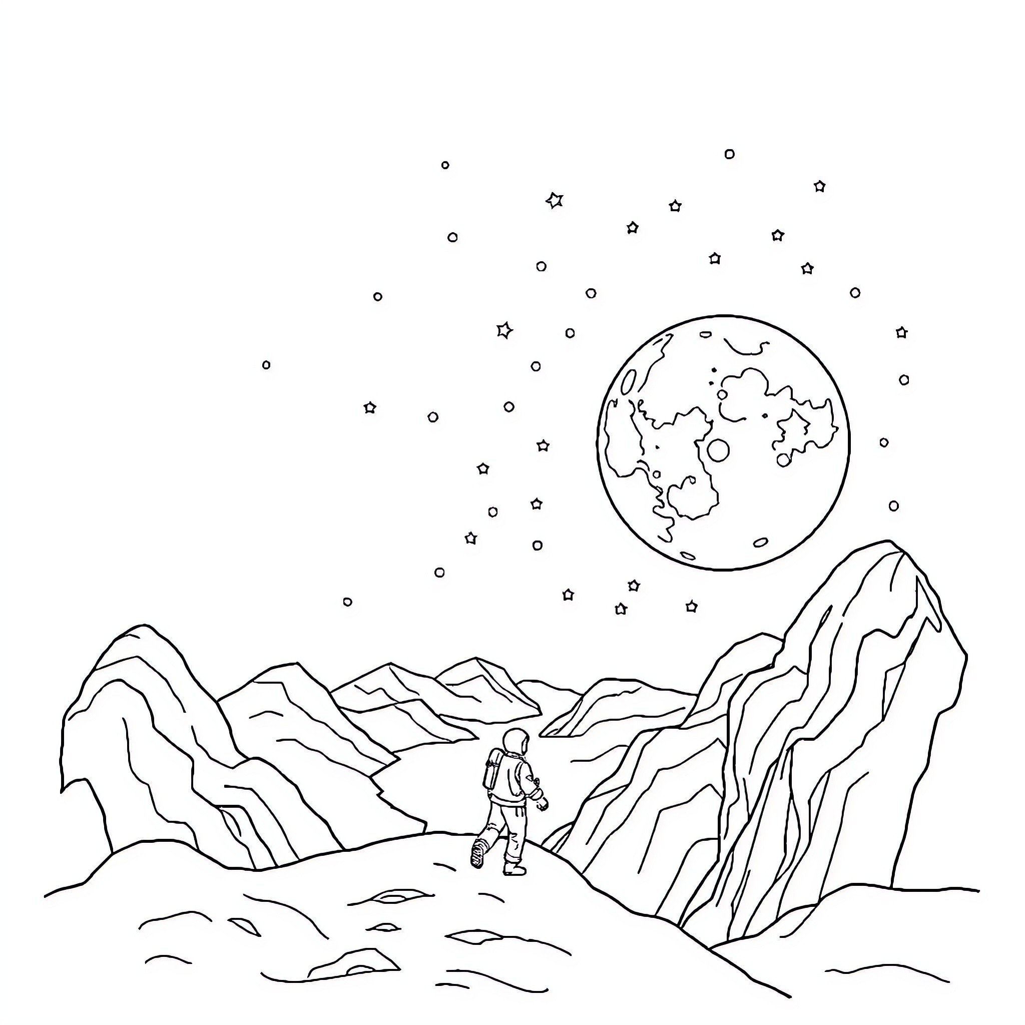 Moon reflected on snowy mountains in starry night Coloring Page (free black-and-white line drawing printable PDF for all, from beginners to advanced learners, including children, teens, adults, and seniors)