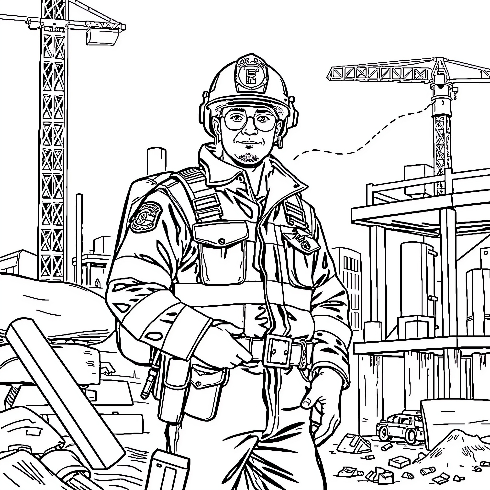 Firefighter in Protective Gear Assisting at Construction Site Coloring Page (free black-and-white line drawing printable PDF for all, from beginners to advanced learners, including children, teens, adults, and seniors)