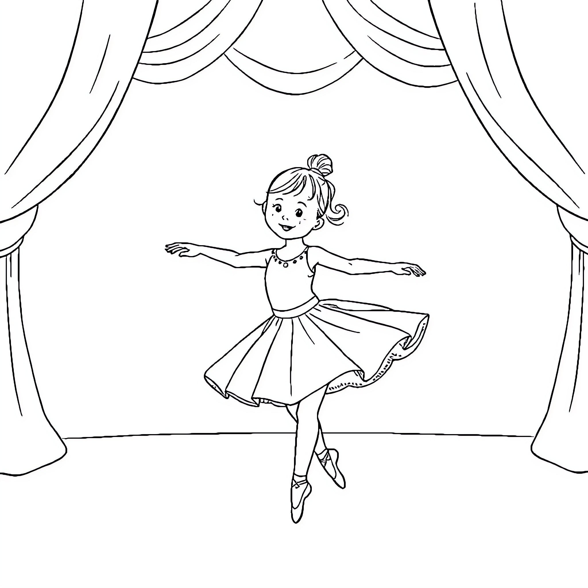 Girl dancing gracefully on stage Coloring Page (free black-and-white line drawing printable PDF for all, from beginners to advanced learners, including children, teens, adults, and seniors)