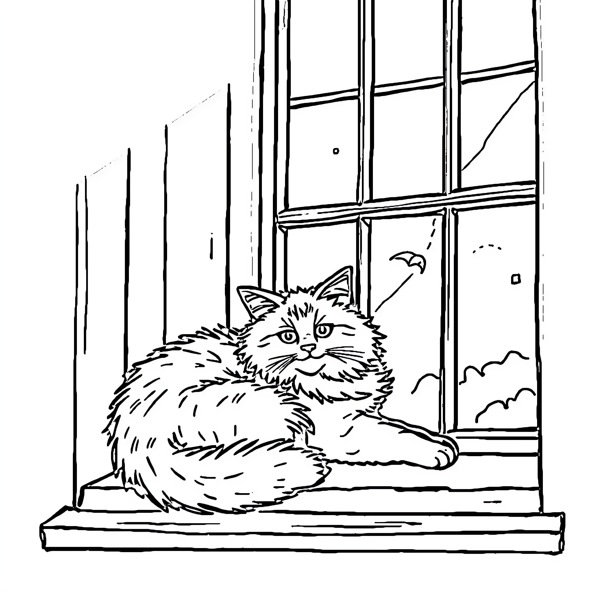 Cat enjoying the view from the window Coloring Page (free black-and-white line drawing printable PDF for all, from beginners to advanced learners, including children, teens, adults, and seniors)