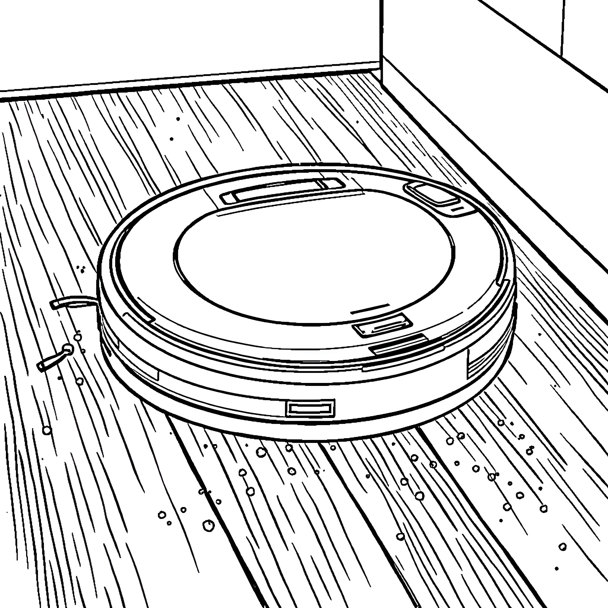 Robot Vacuum Cleaner operating on a wooden floor Coloring Page (free black-and-white line drawing printable PDF for all, from beginners to advanced learners, including children, teens, adults, and seniors)