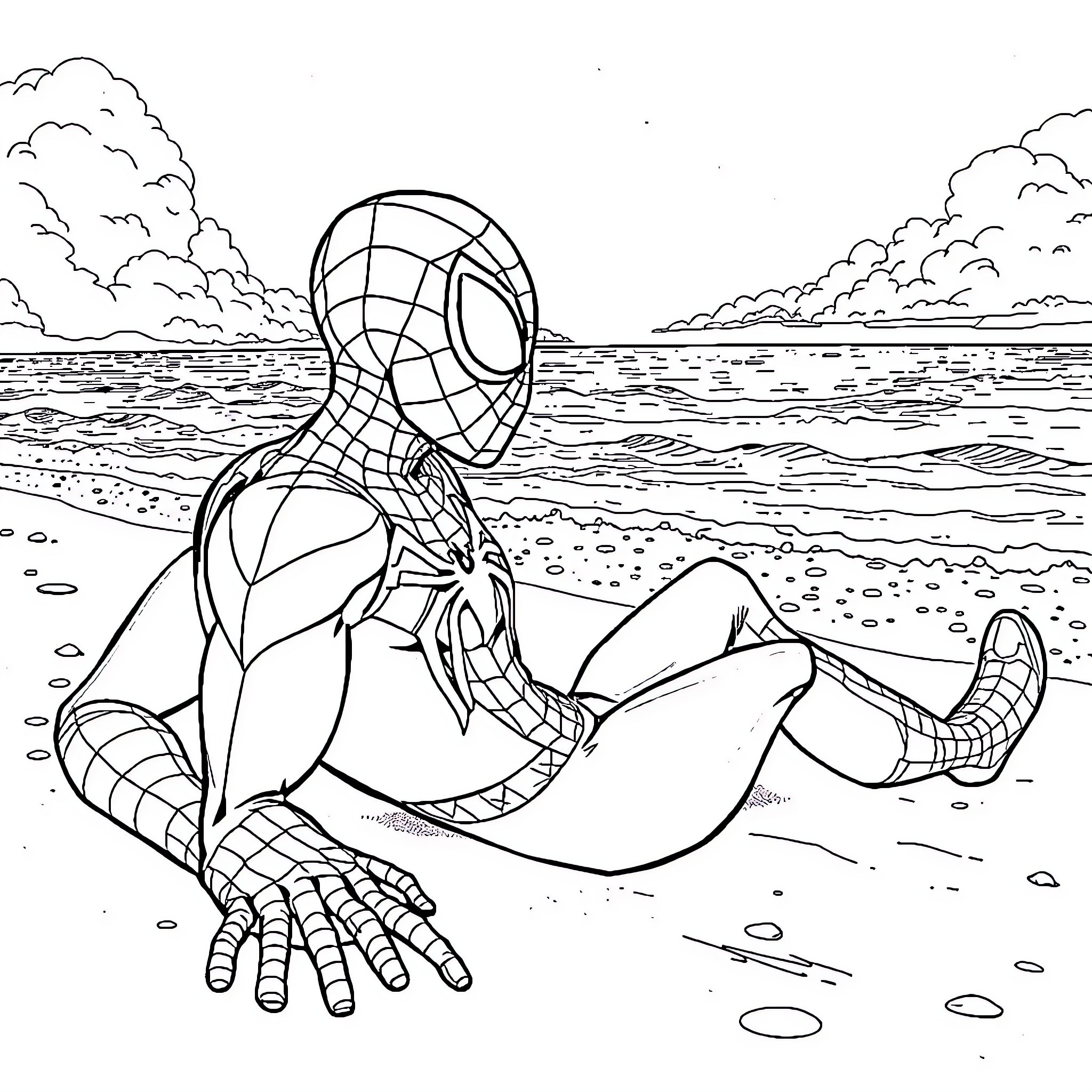 Spider-Man relaxing on the beach Coloring Page (free black-and-white line drawing printable PDF for all, from beginners to advanced learners, including children, teens, adults, and seniors)