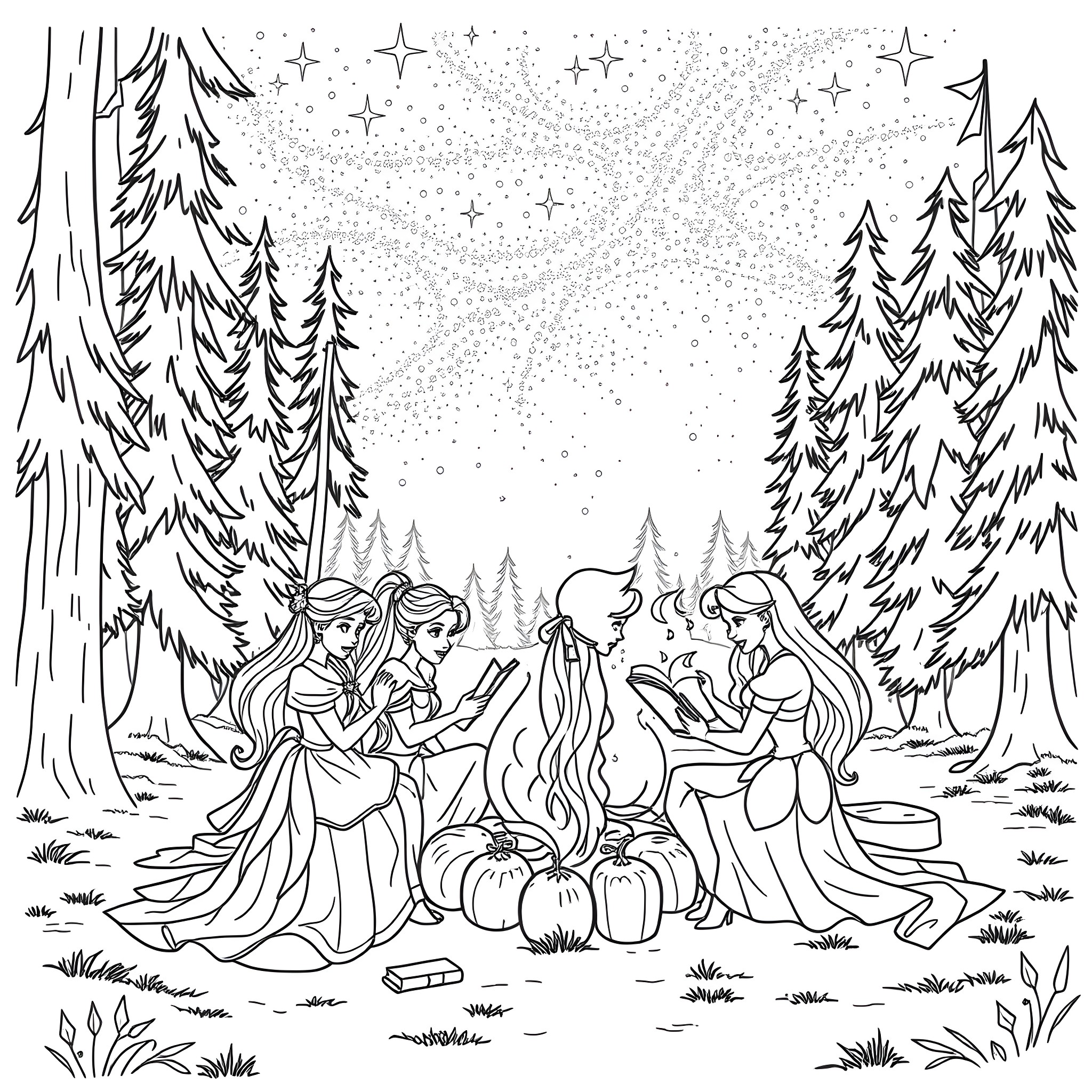 Princess Maidens Gather Around Enchanted Campfire Coloring Page (free black-and-white line drawing printable PDF for all, from beginners to advanced learners, including children, teens, adults, and seniors)