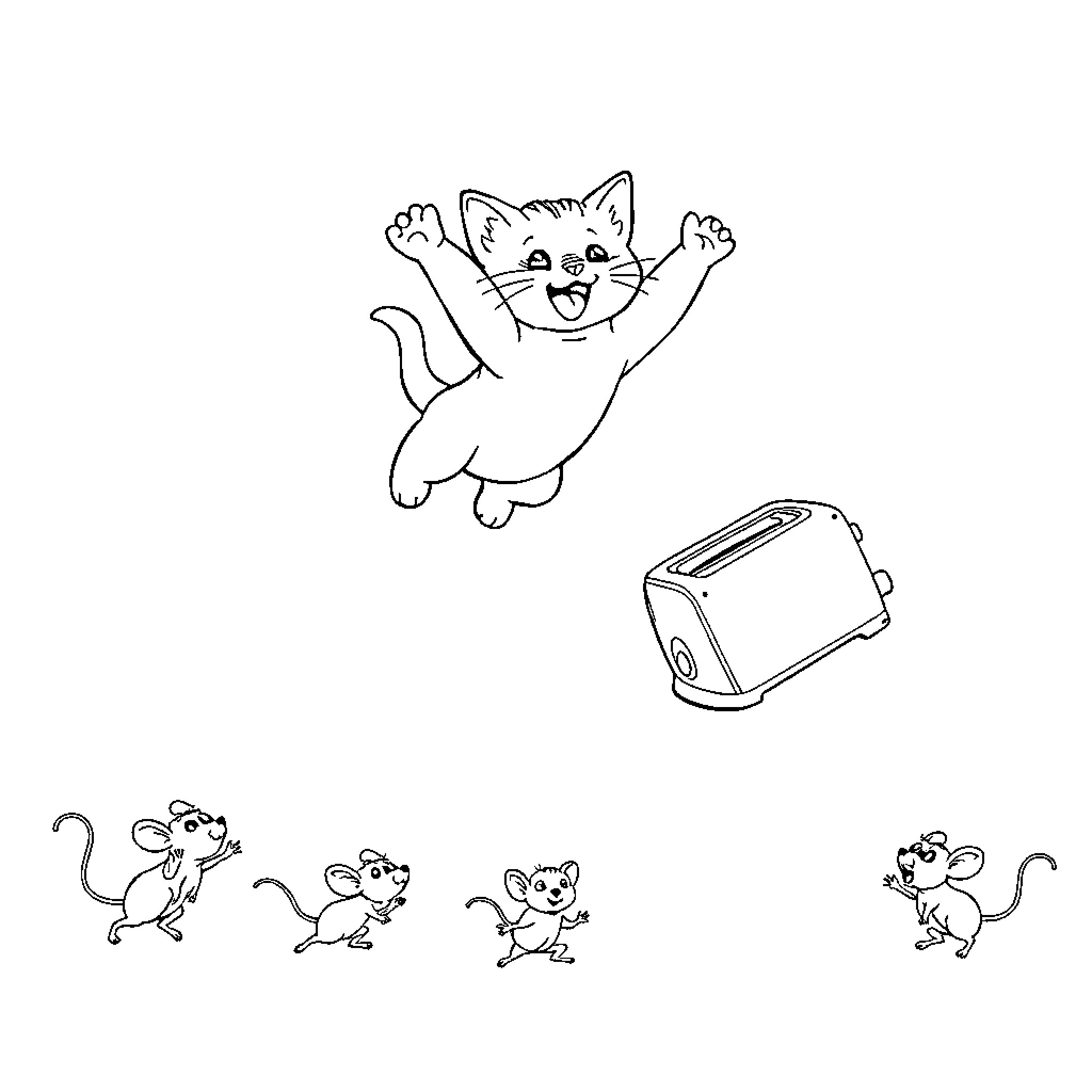 Kitty playing with mice and toaster Coloring Page (free black-and-white line drawing printable PDF for all, from beginners to advanced learners, including children, teens, adults, and seniors)