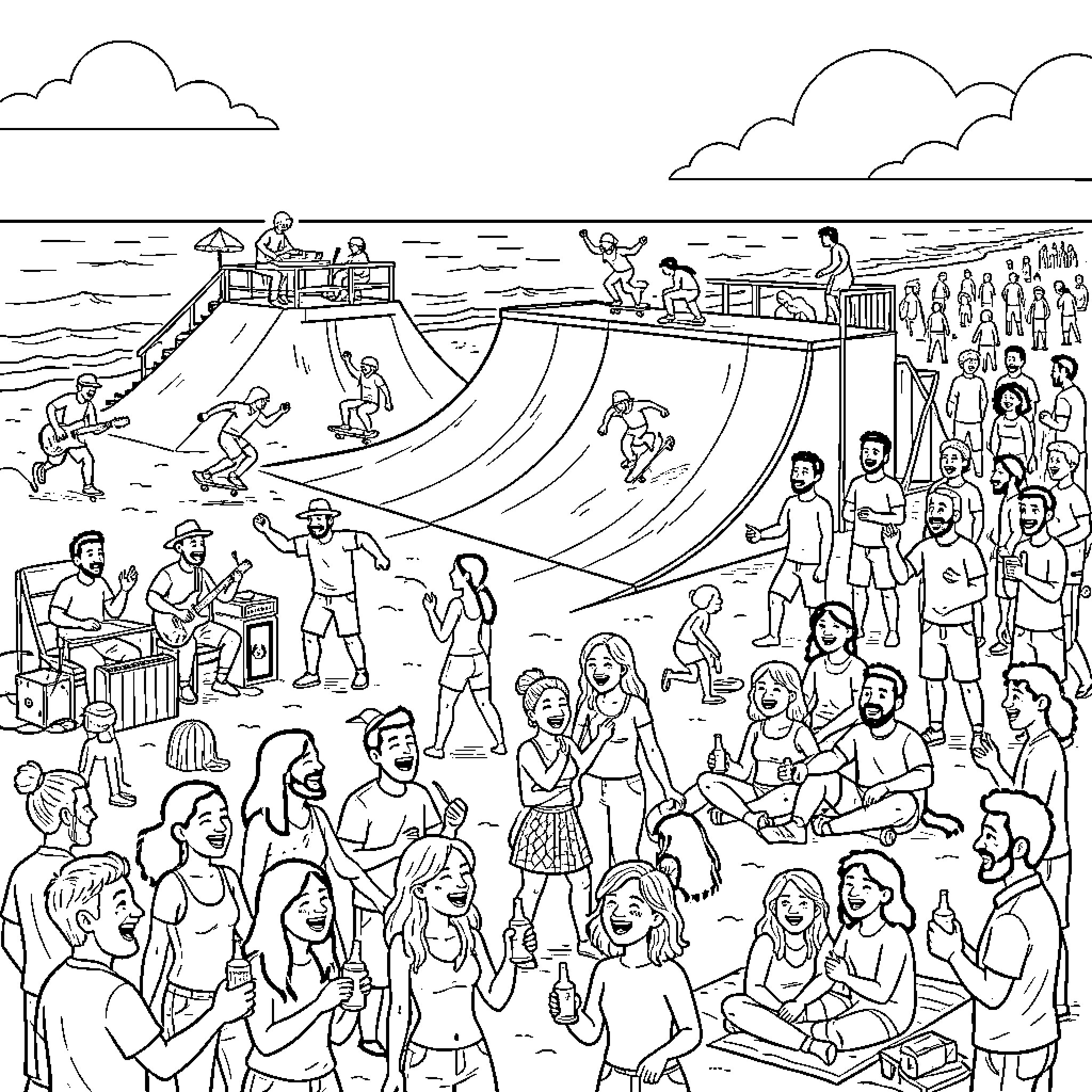 Beach crowd enjoying music and skateboarding activities Coloring Page (free black-and-white line drawing printable PDF for all, from beginners to advanced learners, including children, teens, adults, and seniors)