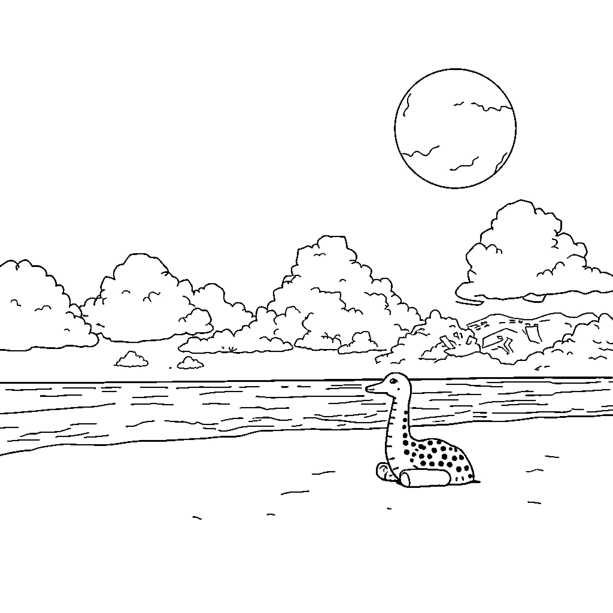 Cloud creature at serene lakeside landscape Coloring Page (free black-and-white line drawing printable PDF for all, from beginners to advanced learners, including children, teens, adults, and seniors)