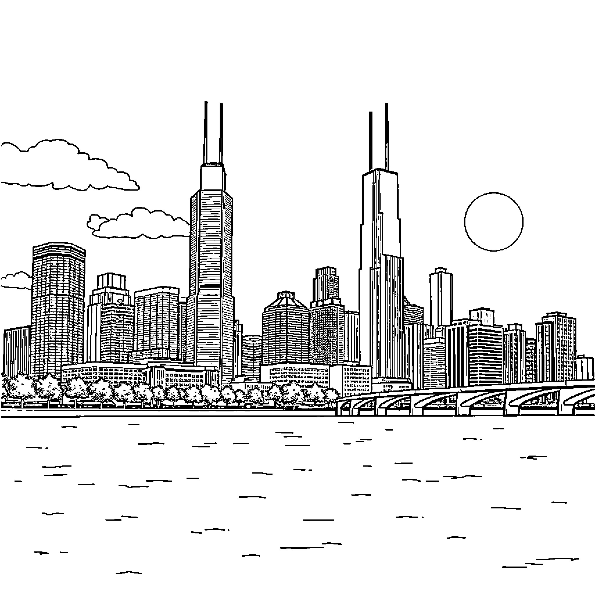 Chicago Skyline with Iconic Skyscrapers Coloring Page (free black-and-white line drawing printable PDF for all, from beginners to advanced learners, including children, teens, adults, and seniors)
