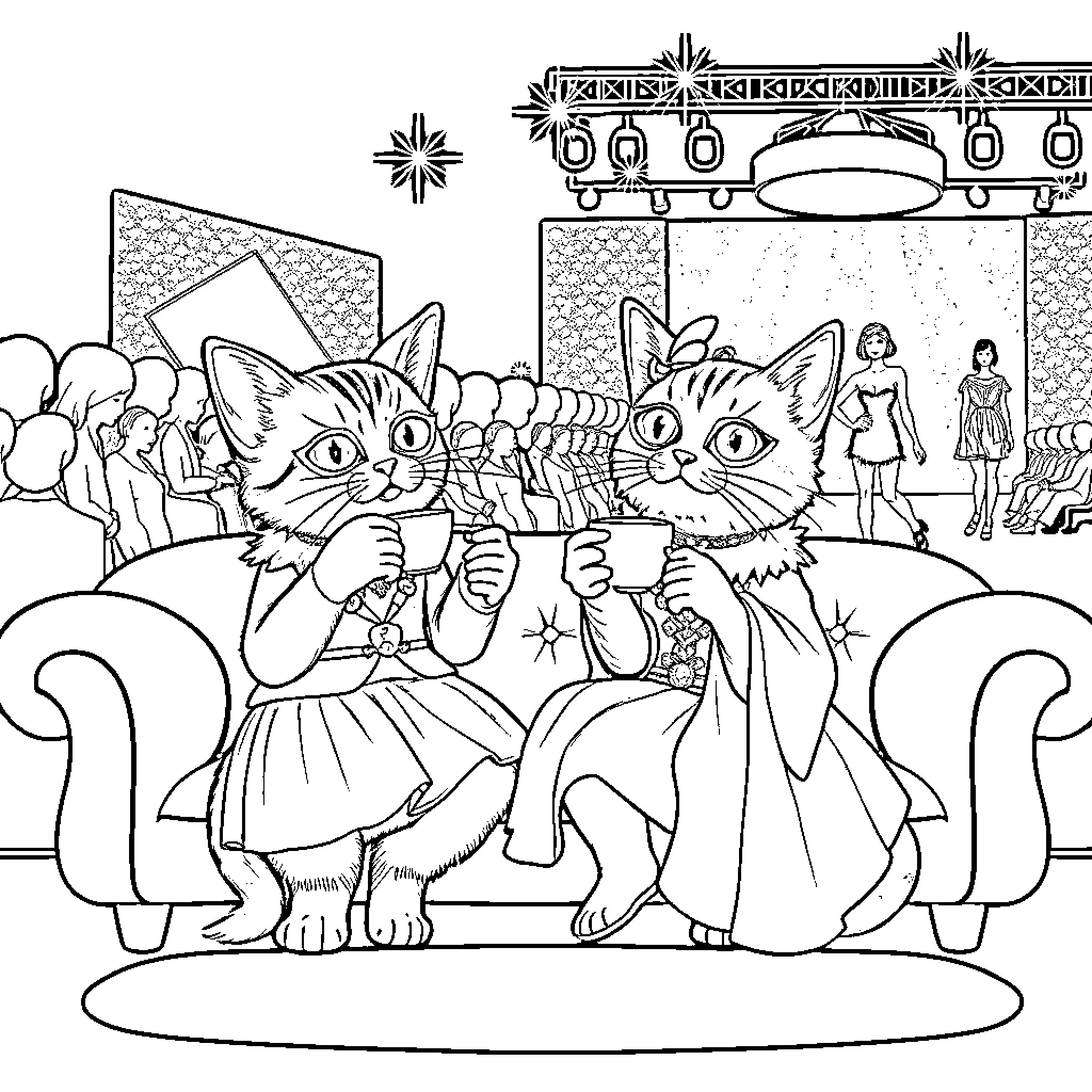 Cats dancing and performing on stage Coloring Page (free black-and-white line drawing printable PDF for all, from beginners to advanced learners, including children, teens, adults, and seniors)