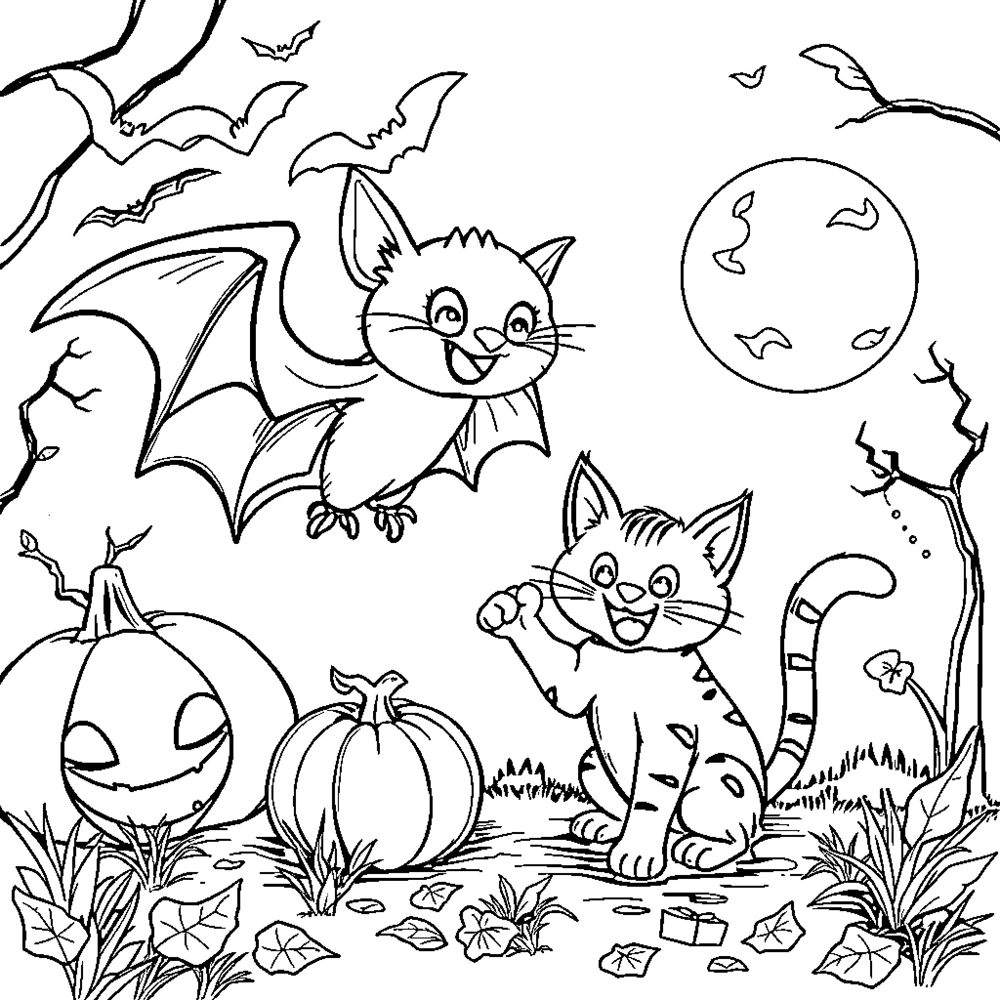 Bat playing with cats on a spooky Halloween night Coloring Page (free black-and-white line drawing printable PDF for all, from beginners to advanced learners, including children, teens, adults, and seniors)